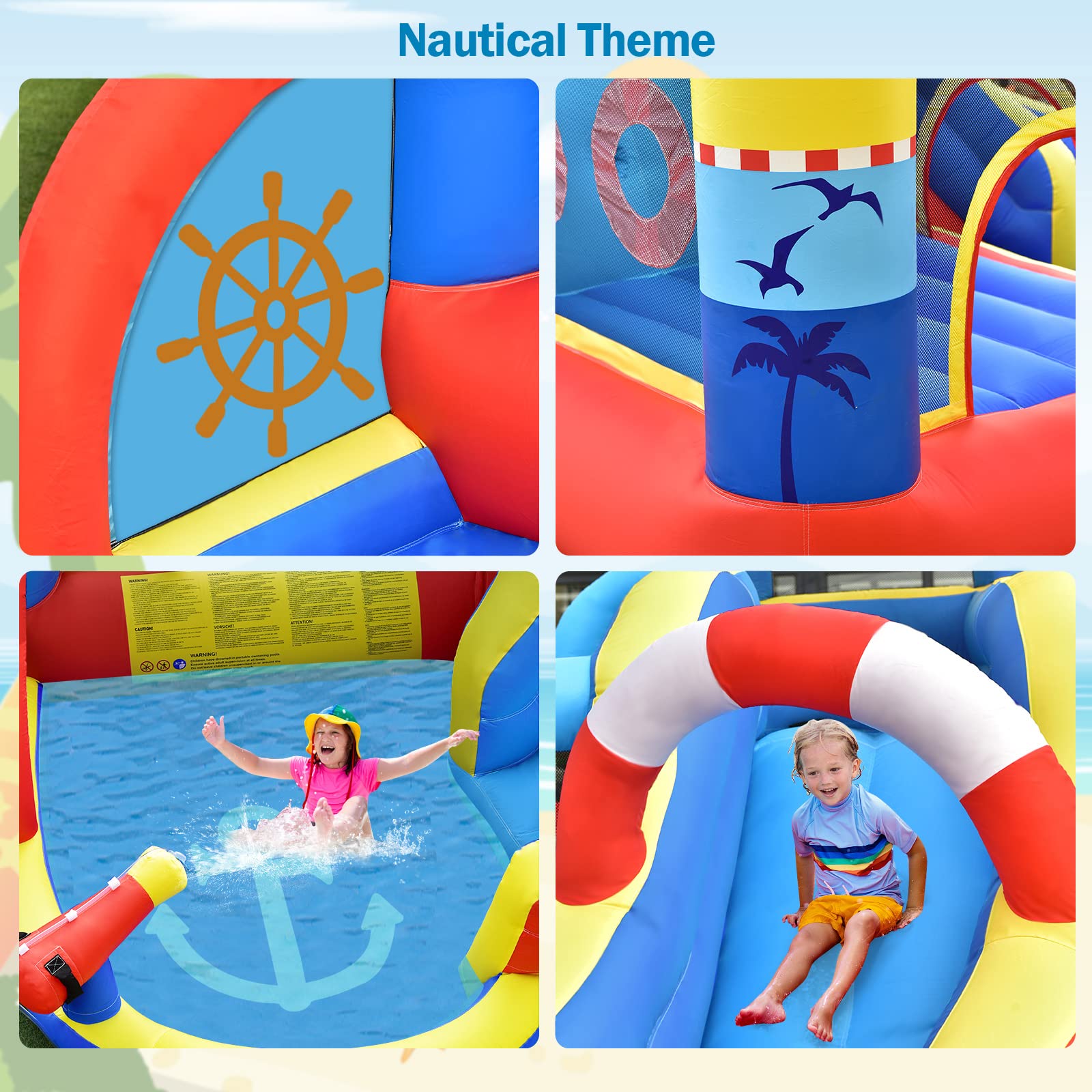 INFANS Inflatable Water Slides, Nautical Themed Bouncy House with Splash Pool,  Water Gun, Outdoor Jumping Castle (with Air Blower)
