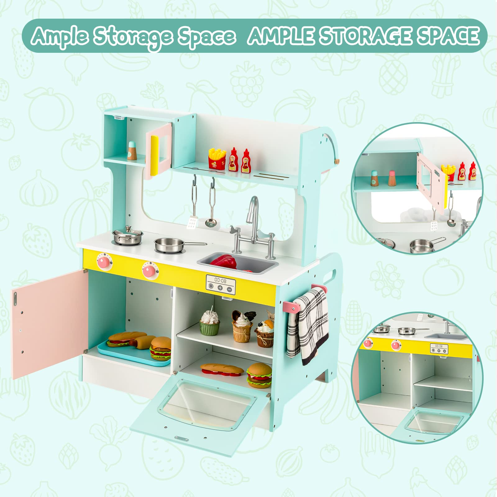 INFANS 2 in 1 Kids Play Kitchen and Restaurant, Double Sided Toddler Wooden Pretend Cooking Set with Stove Sink Microwave Storage Cabinet INFANS