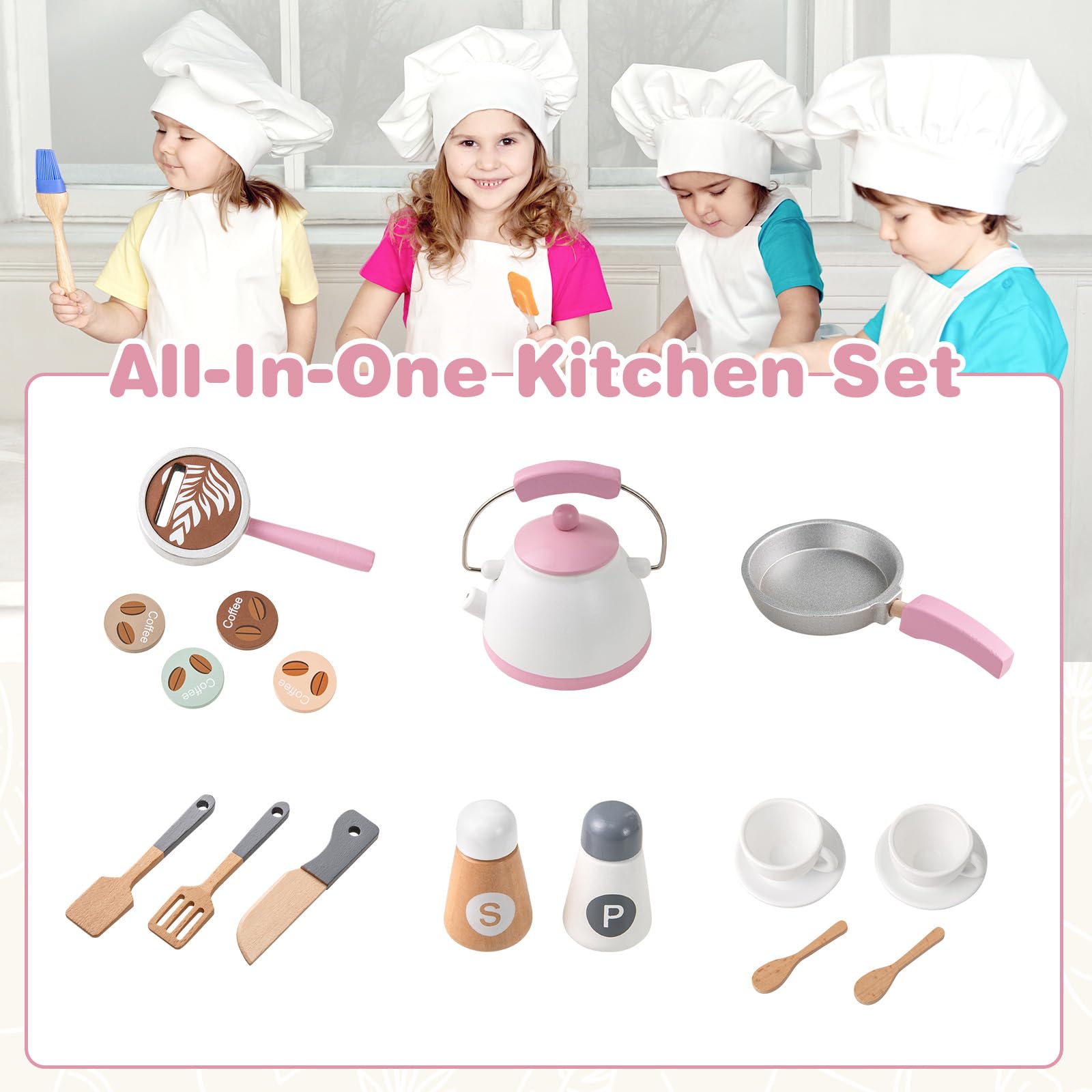 INFANS Corner Kids Kitchen Playset, Toddler Wooden Pretend Cooking Set with Lights Sounds Coffee Machine Washing Machine