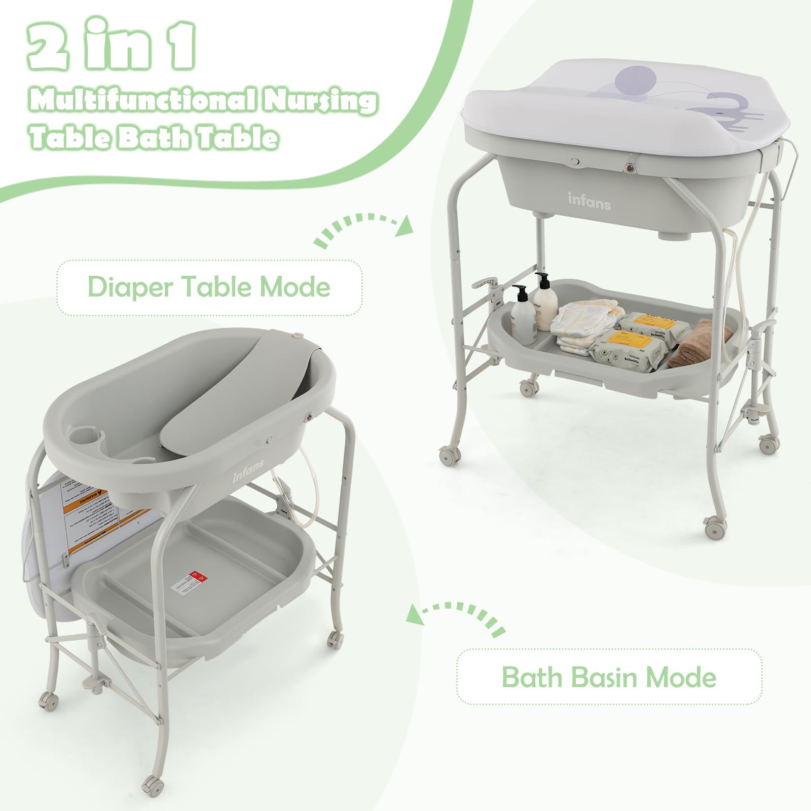 INFANS 2 in 1 Baby Changing Table with Bath Tub Unit, Folding Diaper Dresser Station with Wheels Waterproof Pad