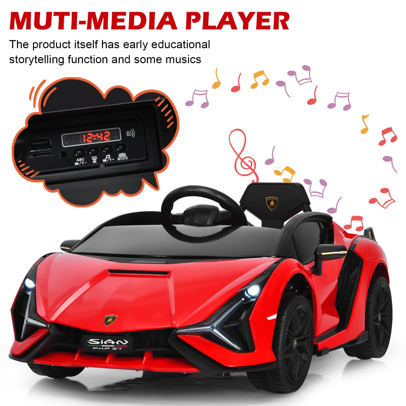 INFANS 12V Licensed Lamborghini Sian Kids Ride on Car with Parent Remote Control, Electric Toy Roadster Carbon Fiber Textured