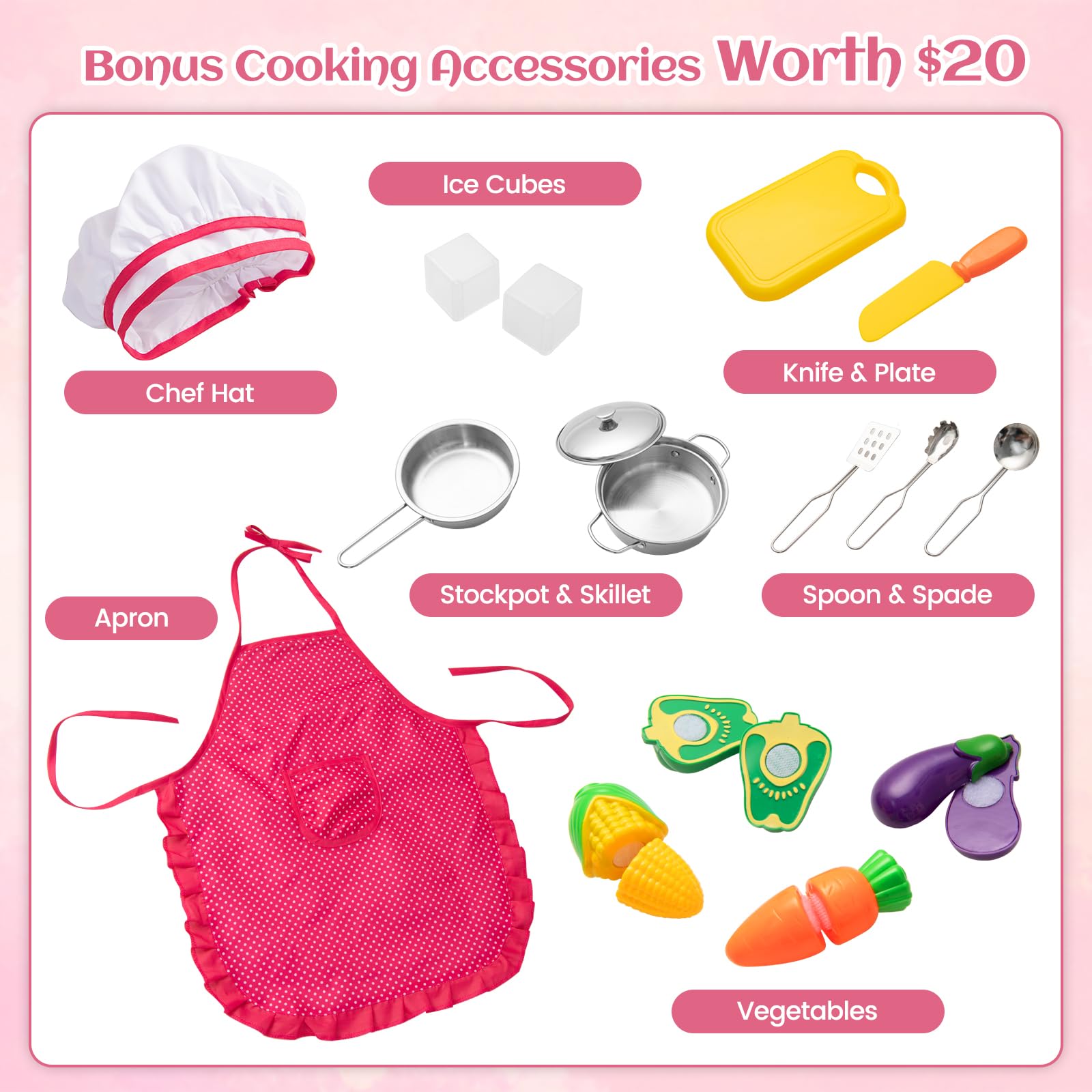 INFANS Kids Kitchen Playset, Toddler Wooden Pretend Cooking Set with Realistic Light Sound