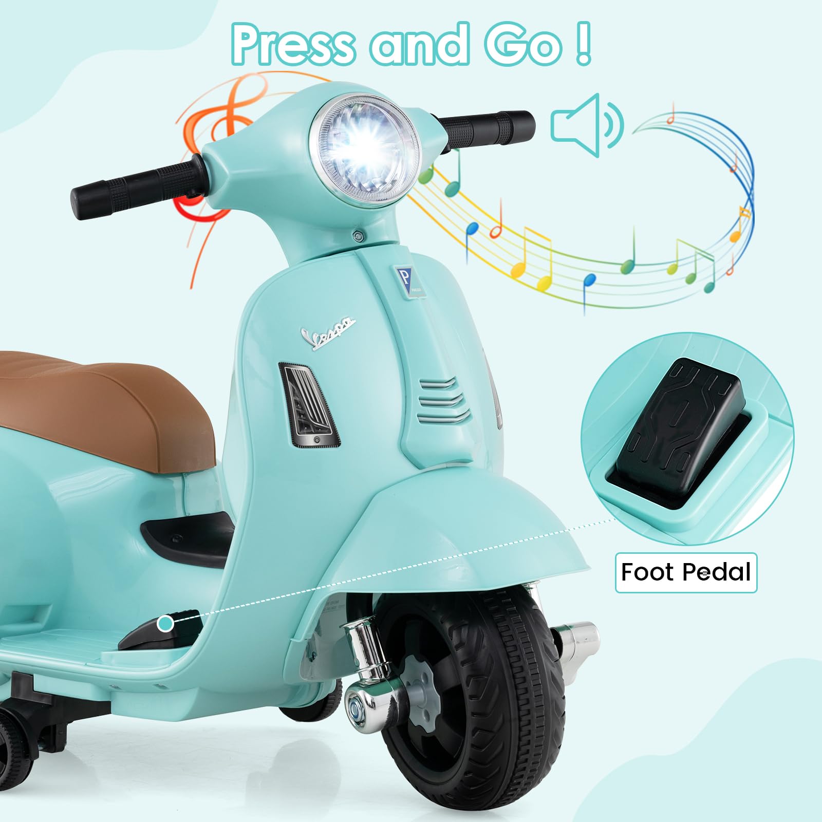 INFANS Licensed Vespa Kids Motorcycle, 6V Battery Powered Motorbike for Toddlers with Training Wheels, Horn, LED Lights