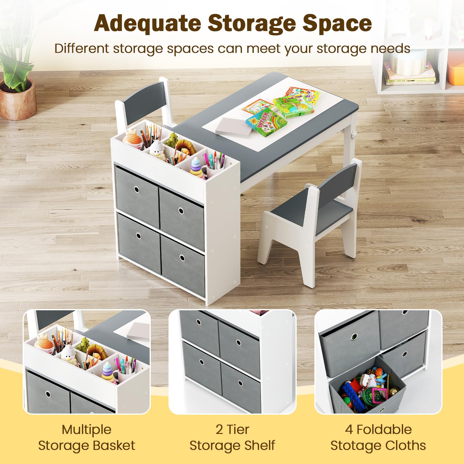 INFANS Kids Table and Chair Set, Toddler Art Craft Play Wood Activity Desk with 2 Chairs 4 Storage Canvas Bins Paper Roll