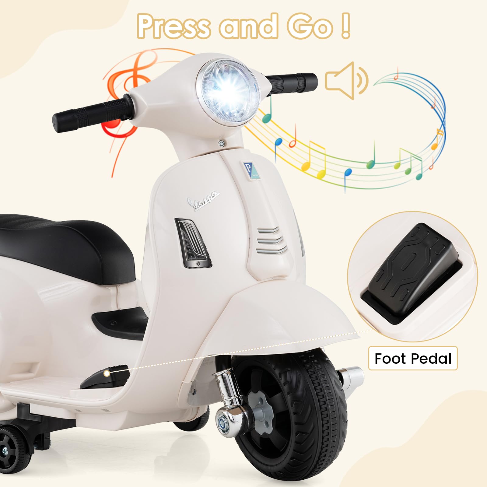 INFANS Licensed Vespa Kids Motorcycle, 6V Battery Powered Motorbike for Toddlers with Training Wheels, Horn, LED Lights