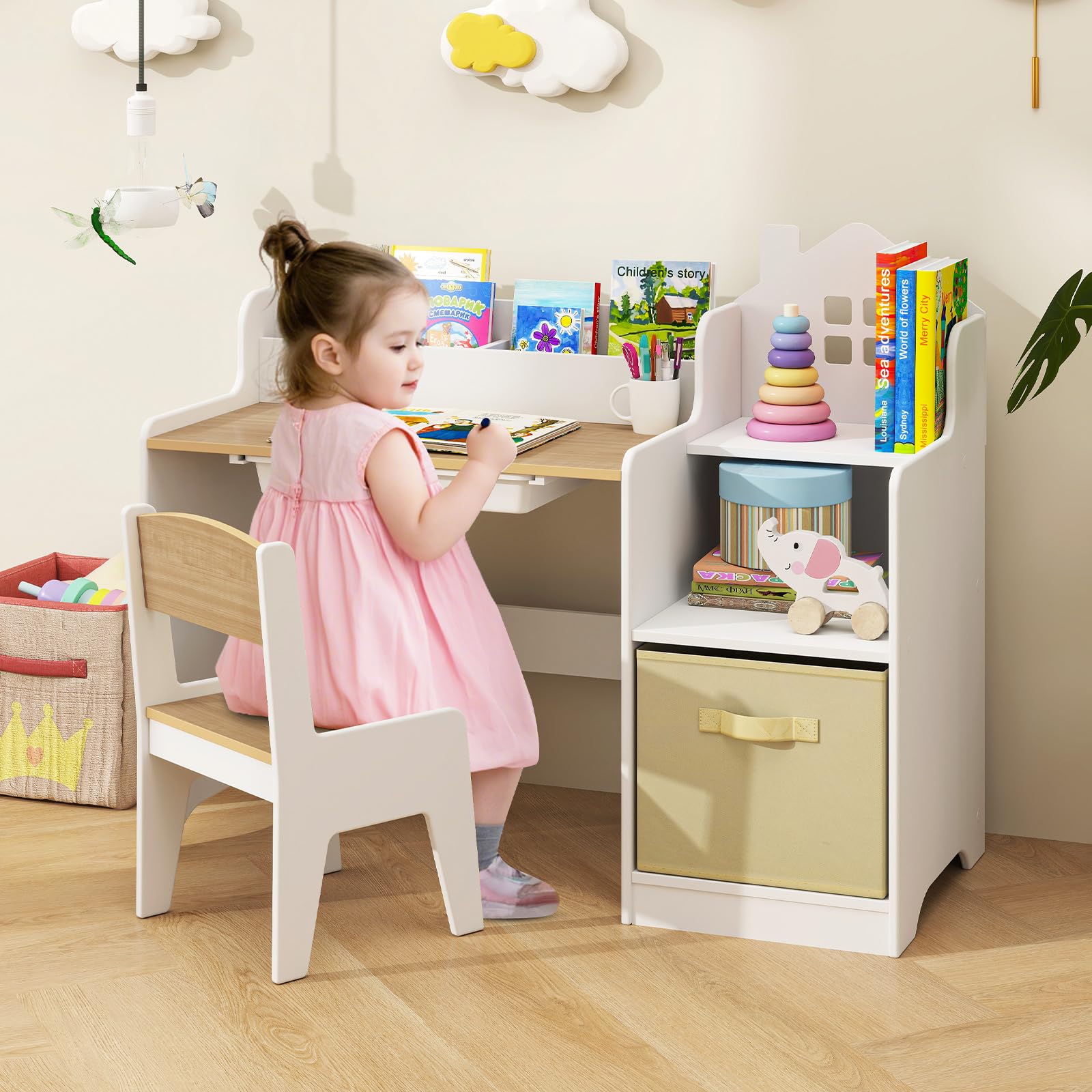 INFANS Kids Table and Chair Set, Toddler Art Craft Play Wood Activity Desk with Chairs, Children Furniture