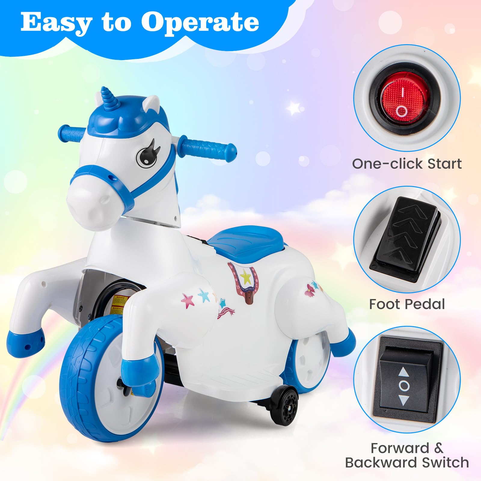 INFANS 2 in 1 Ride on Motorcycle and Horse, Unicorn 6V Battery Powered Ride on Toy with Up & Down Function, Kids Electric Vehicle