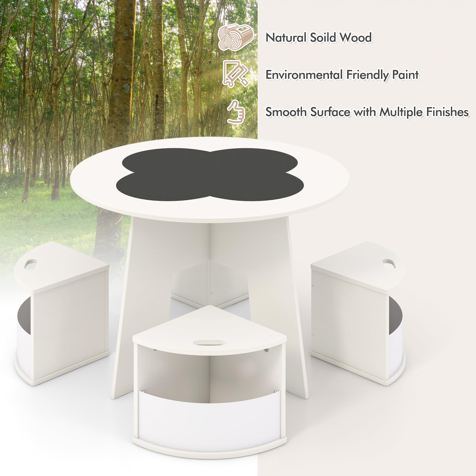 INFANS Toddler Table and Chair Set with 4 Storage Stools, Wooden Flower Shaped Nesting Table with Blackboard Drawers