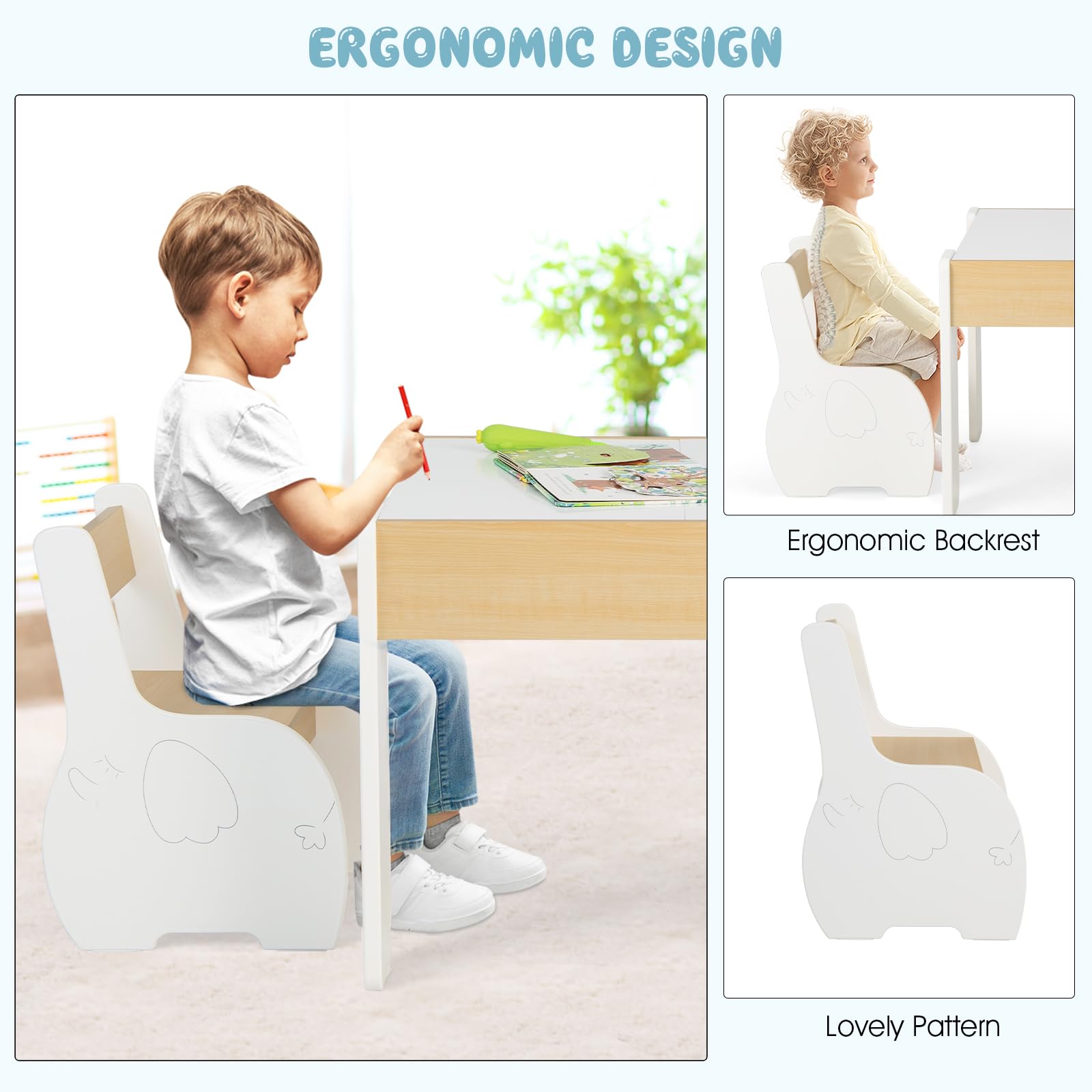 INFANS 3 in 1 Kids Table and Chair Set, Wood Multi Activity Table with Removable Tabletop, Detachable Blackboard