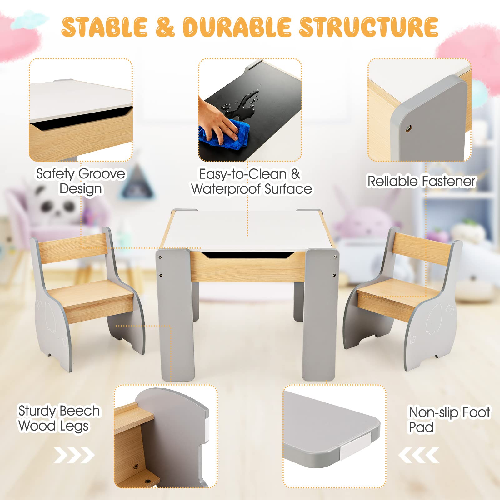INFANS 3 in 1 Kids Table and Chair Set, Wood Multi Activity Table with Removable Tabletop, Detachable Blackboard
