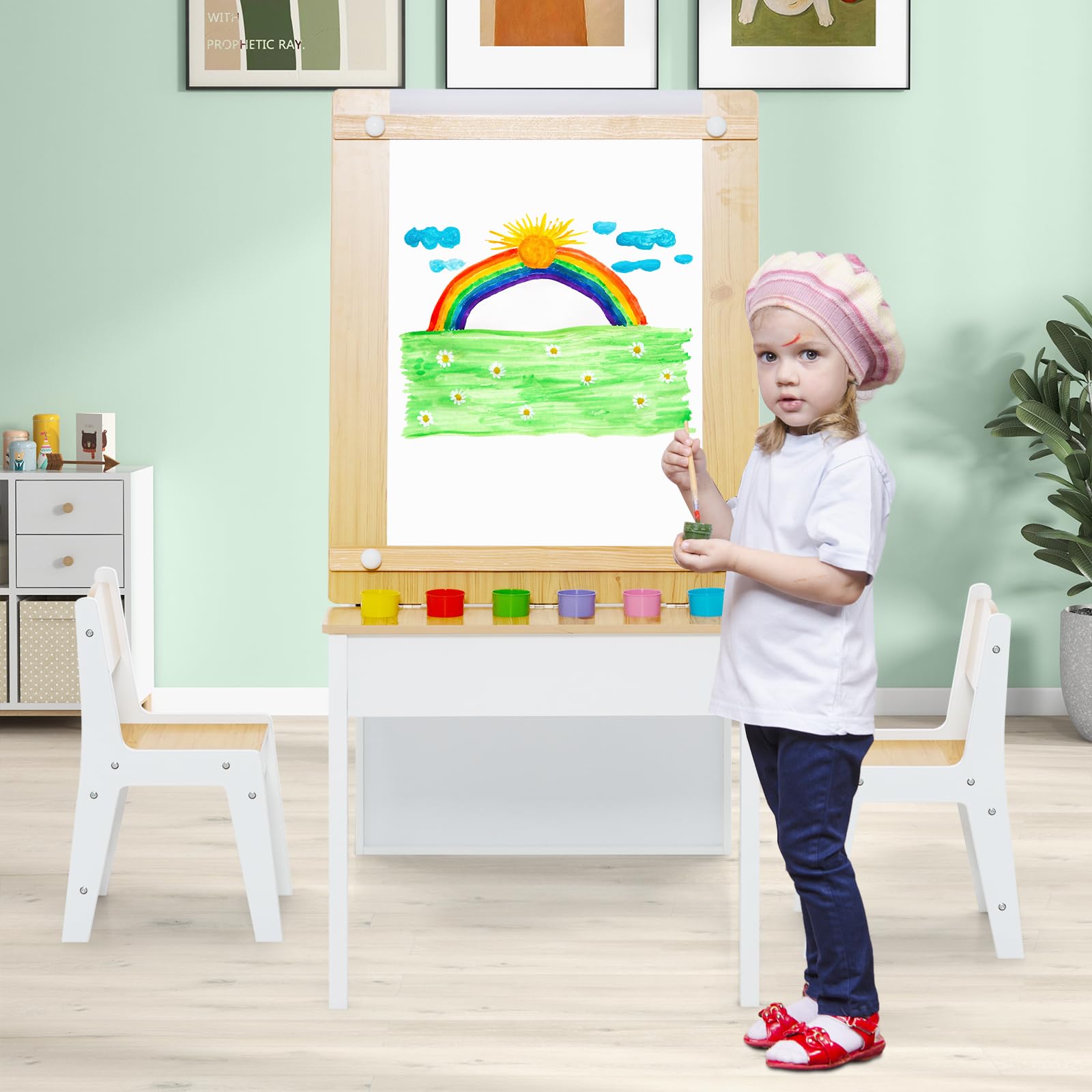 INFANS 3 in 1 Kids Art Table and Chair Set, Toddler Craft Play Wood Activity Desk with 2 Chairs Storage Canvas Bins