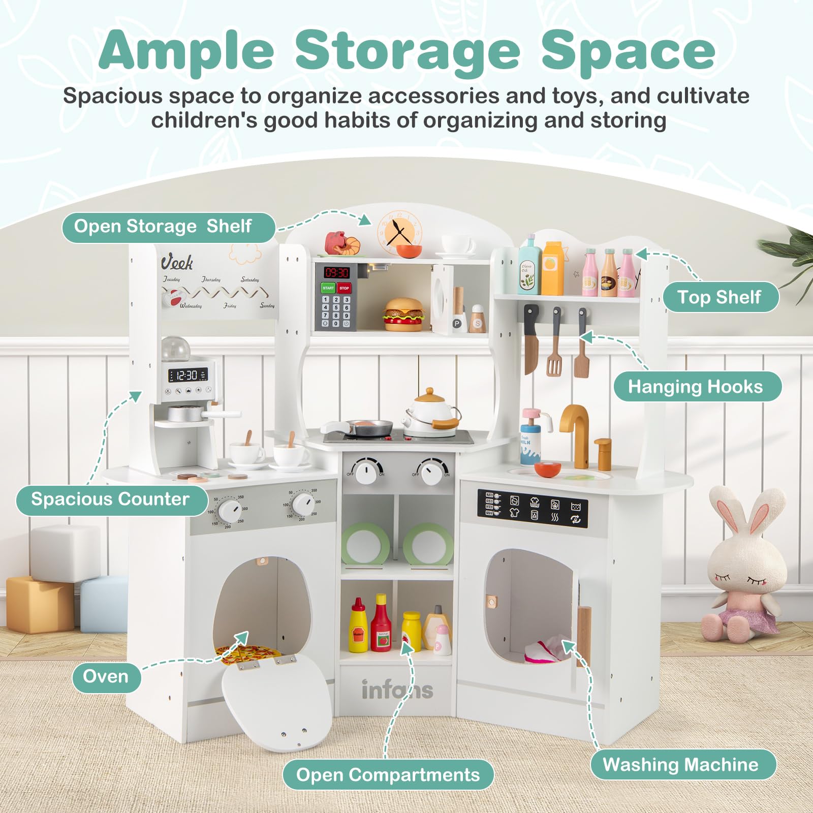 INFANS Corner Kids Kitchen Playset, Toddler Wooden Pretend Cooking Set with Lights Sounds Coffee Machine Washing Machine