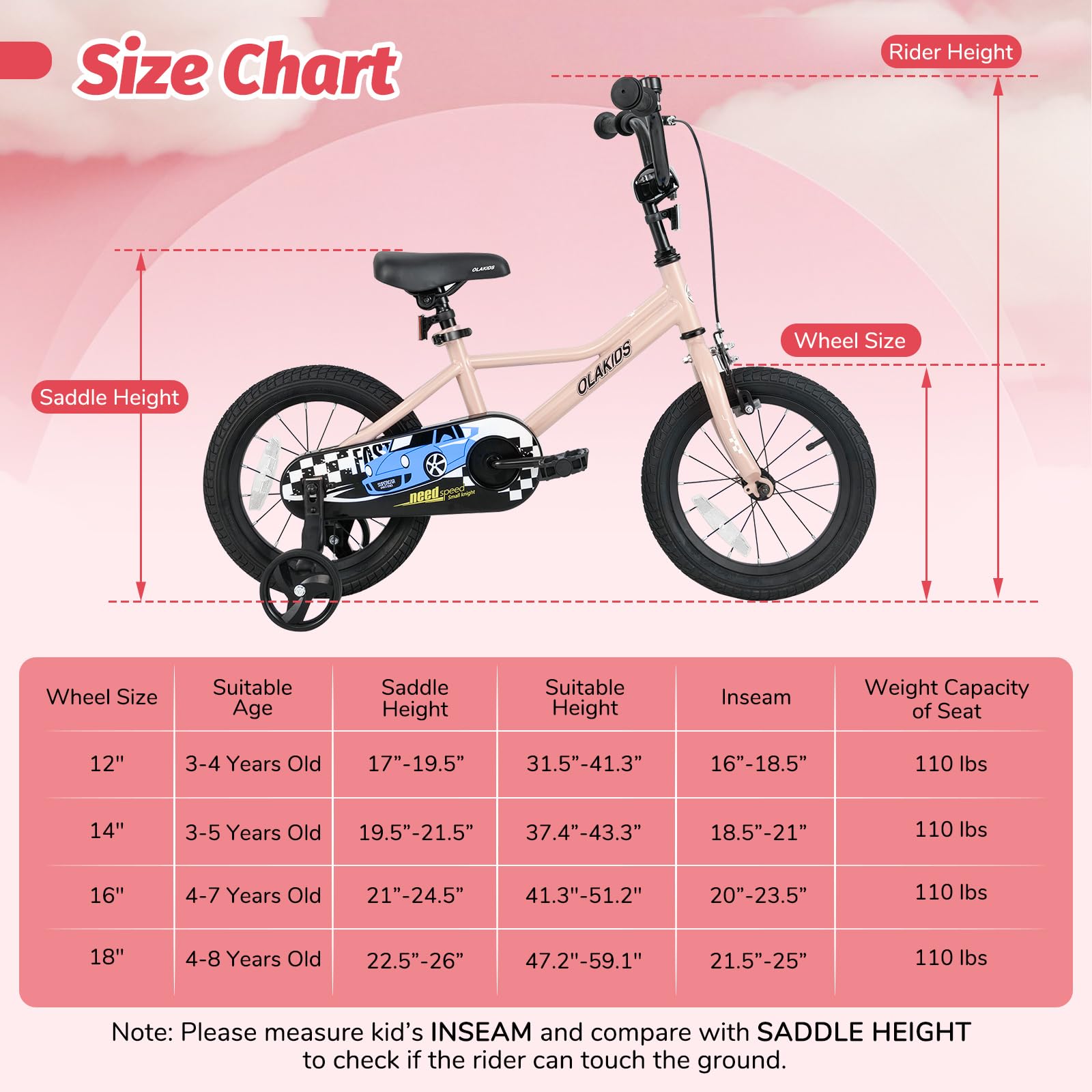 INFANS Kids Bike, 16 18 Inch Toddlers Bike with Training Wheels Safety Bell Adjustable Seat and Handlebar