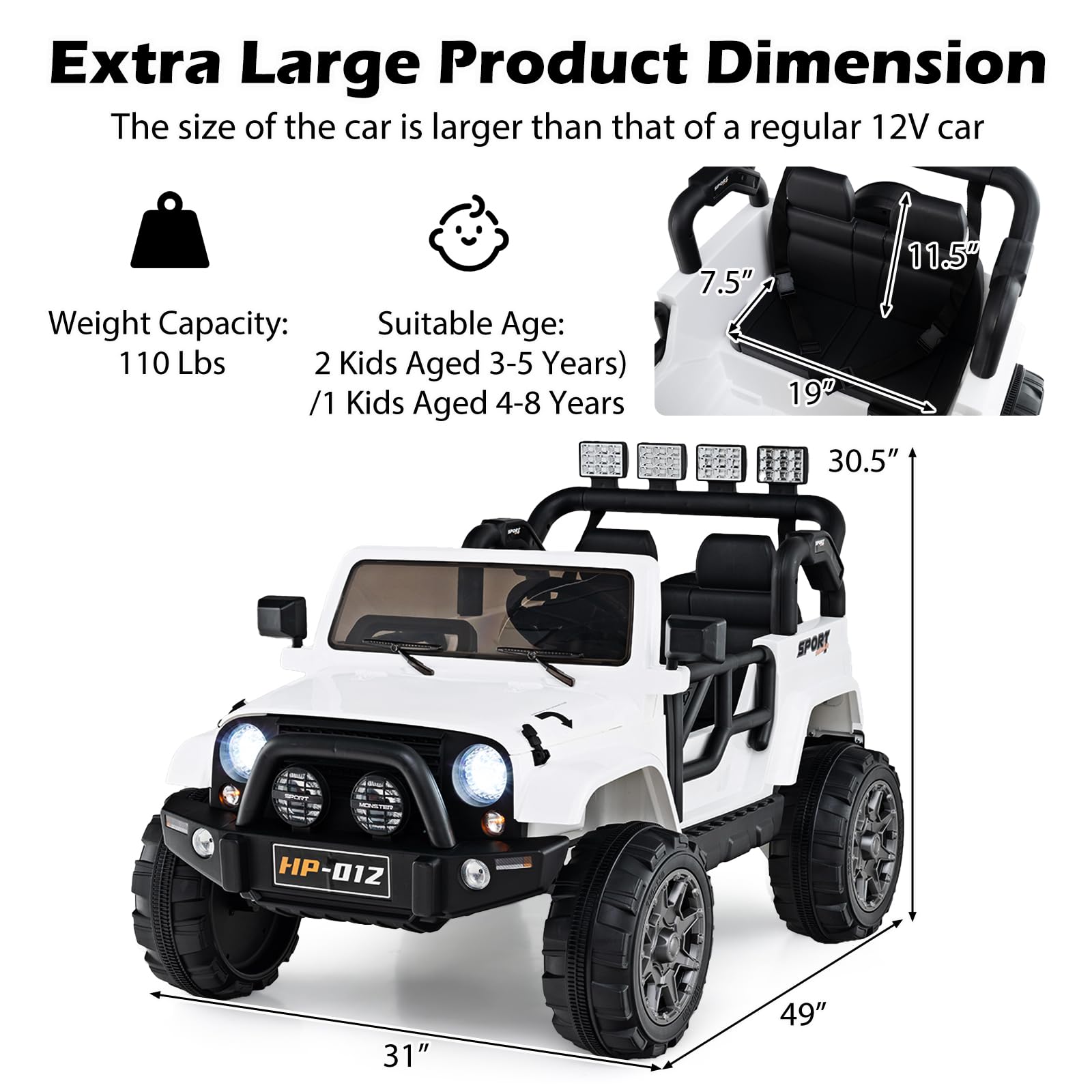 INFANS 2 Seater Ride on Truck, 12V Battery Powered Electric Vehicle for Kids with Remote Control, Power Display, LED Lights