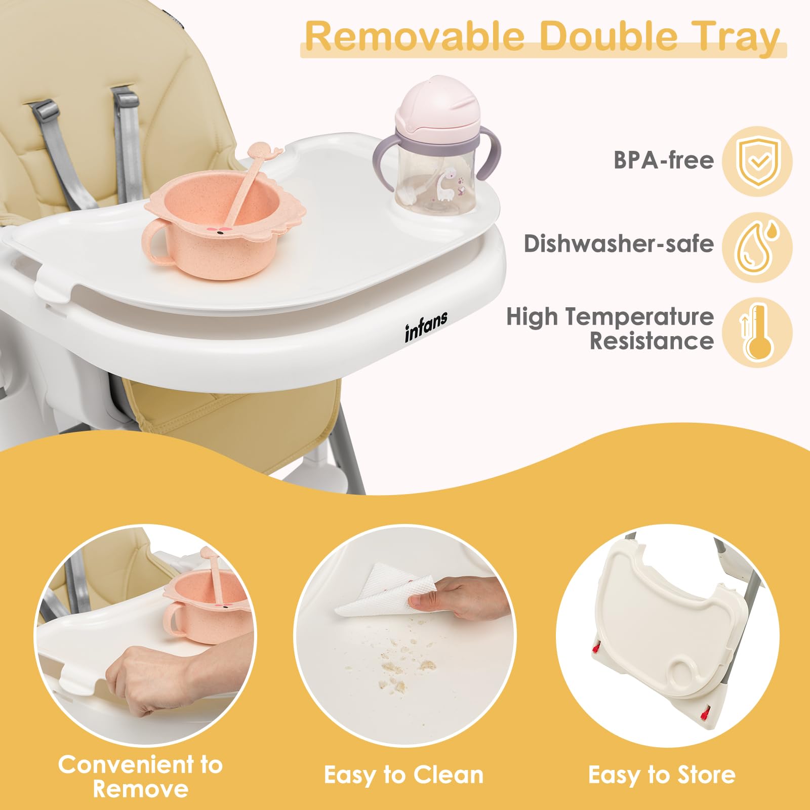 INFANS High Chair for Babies and Toddlers, Foldable Highchair with 7 Different Heights 4 Reclining Backrest Seat