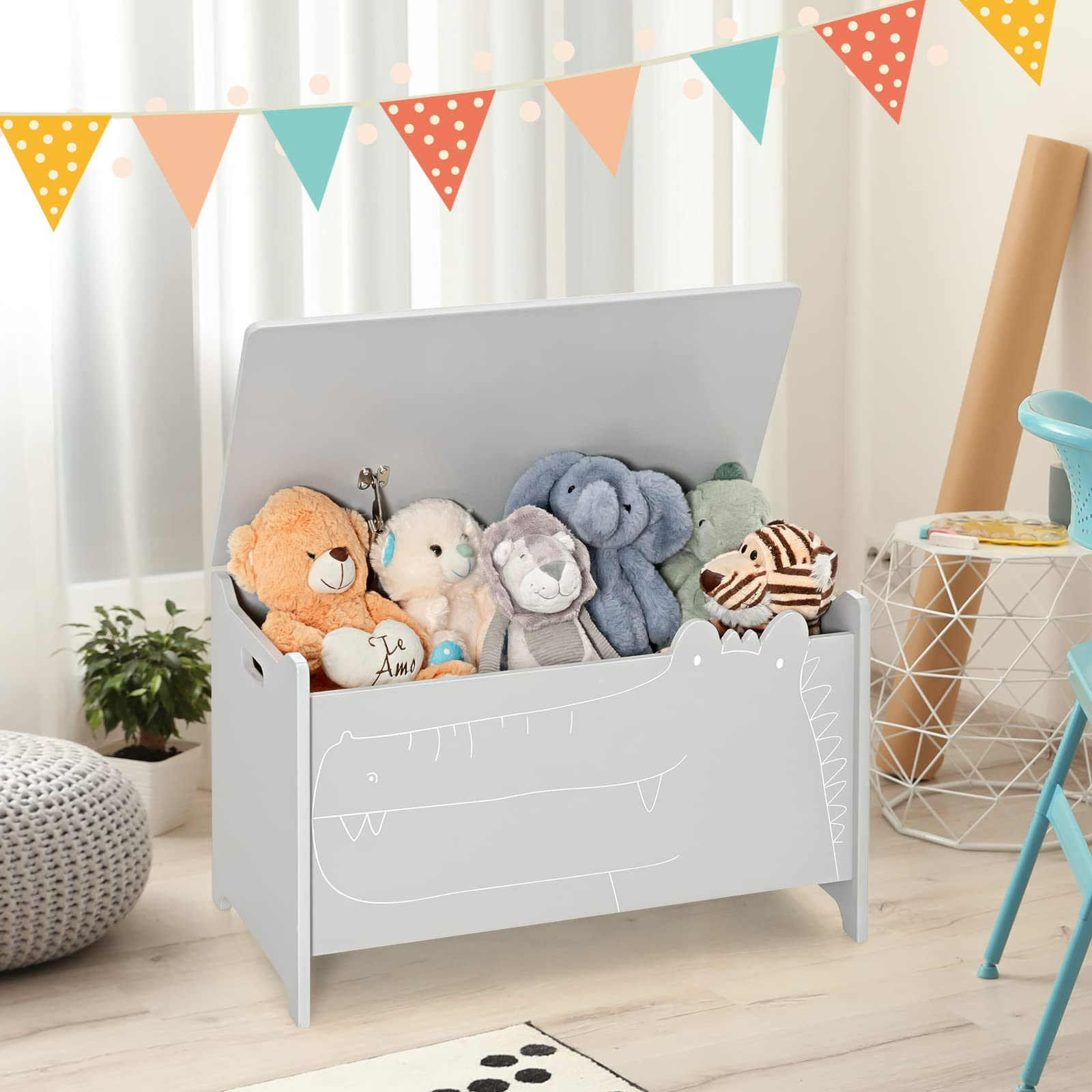 INFANS Wooden Toy Chest , Wide Kids Toy Box Storage Space with Safety Hinge and Handles