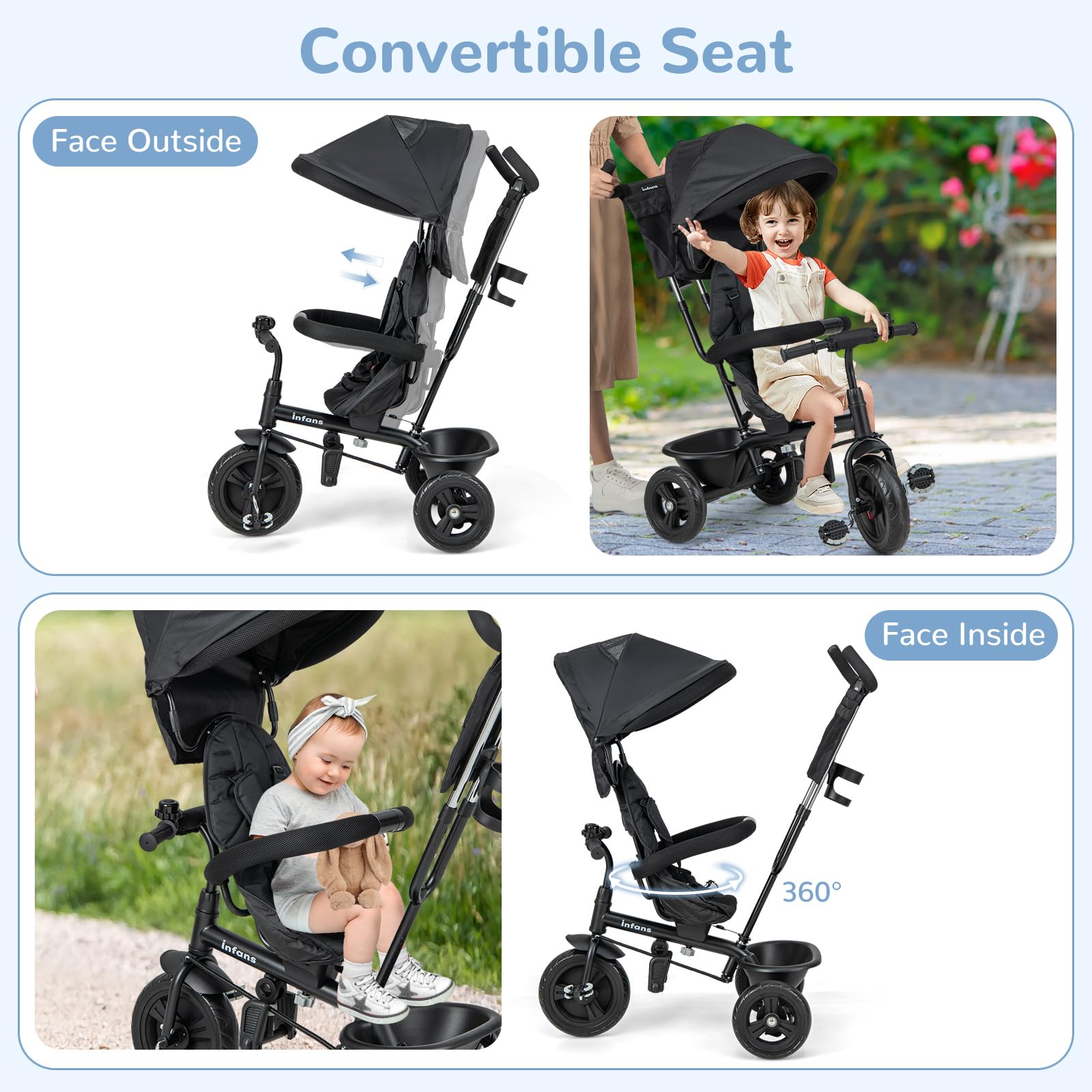 INFANS Kids Tricycle, 6 in 1 Baby Trike Toddler Bike with Reversible Seat, Adjustable Push Handle, Removable Canopy