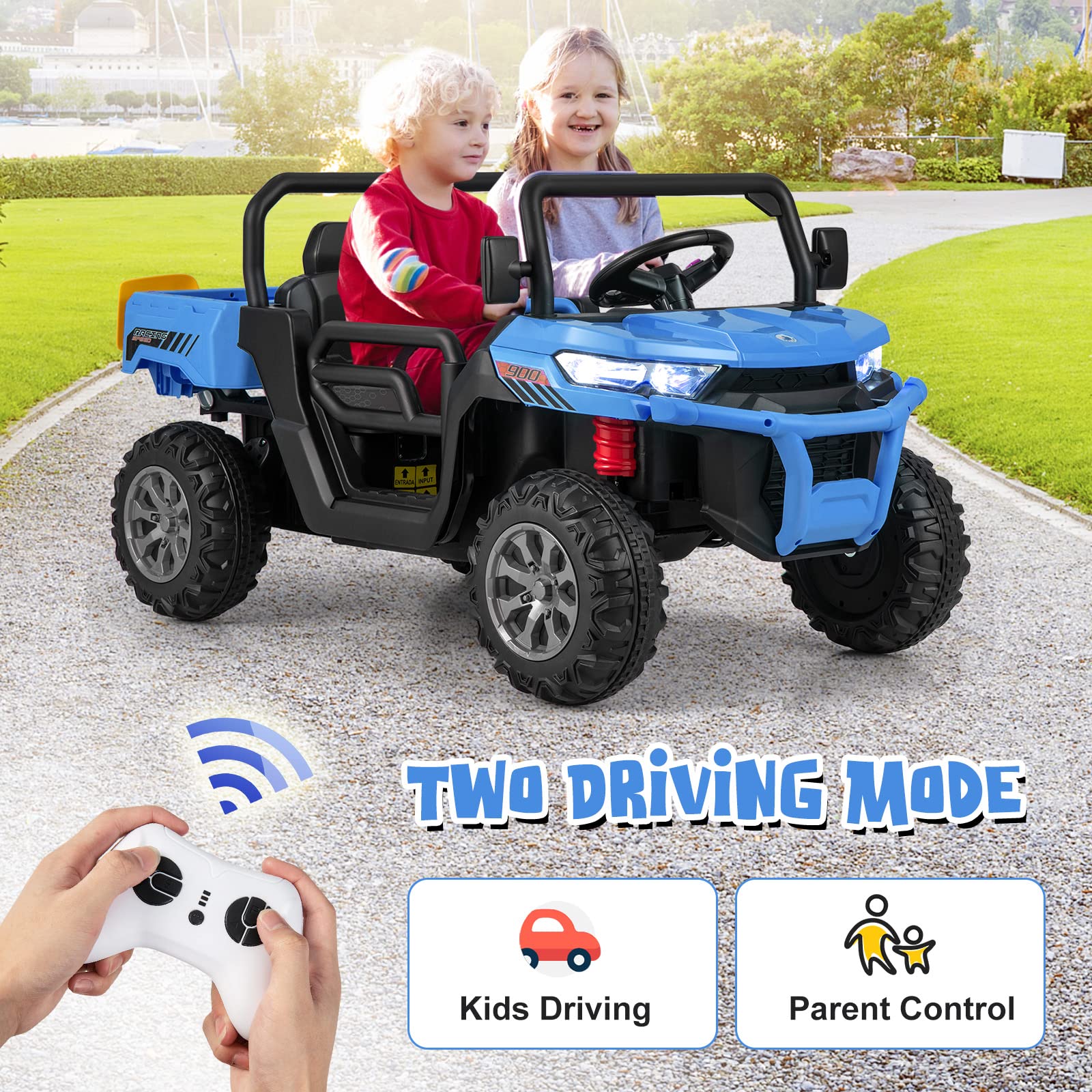 INFANS 2 Seater Ride on UTV, 12V Kids Electric Vehicle Dump Truck, Toddlers Battery Powered Car with Music