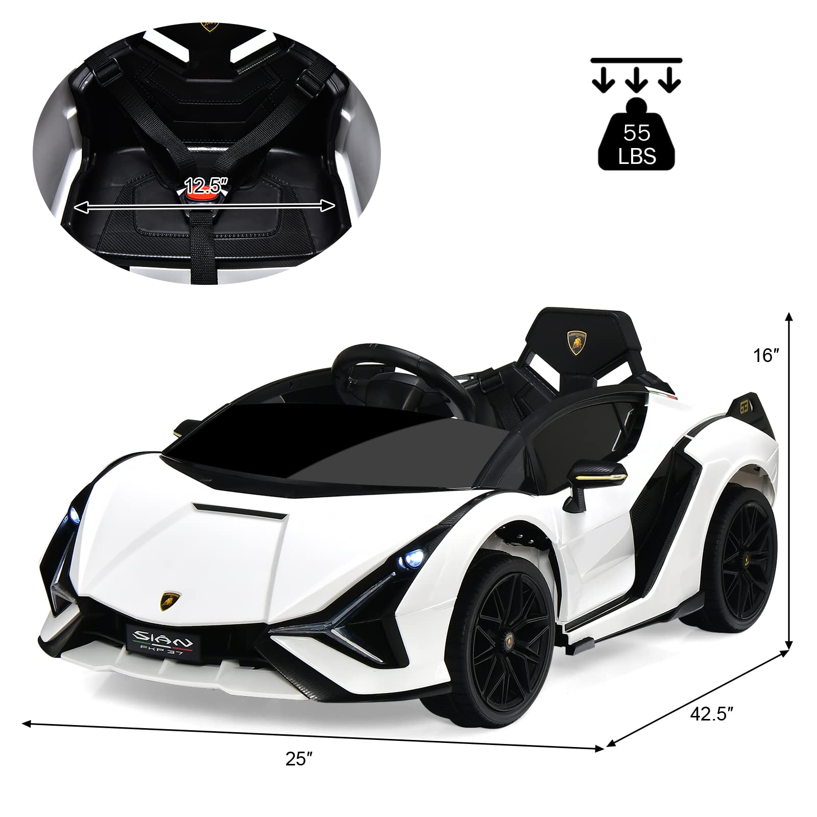 INFANS 12V Licensed Lamborghini Sian Kids Ride on Car with Parent Remote Control, Electric Toy Roadster Carbon Fiber Textured