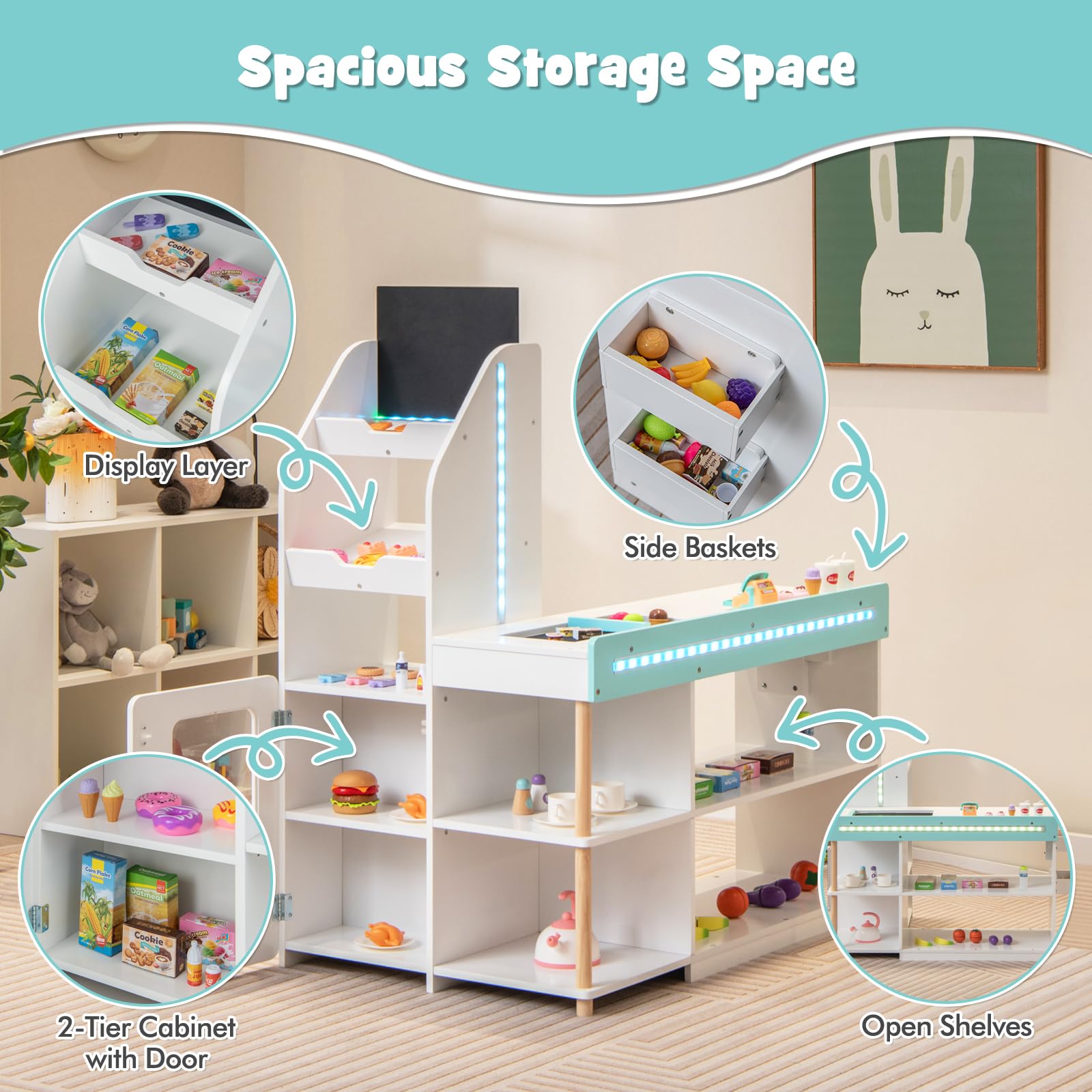 INFANS Kids Grocery Store Playset, Wooden Pretend Play Supermarket with LED Lights, Market Stand Toy
