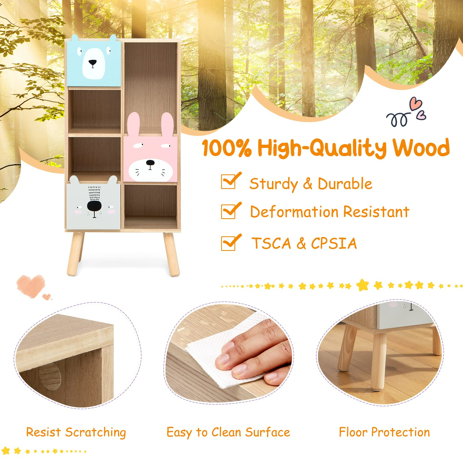 INFANS Kids Bookcase Toy Storage Organizer, Children Storage Cabinet with 3 Slide Drawers and 4 Cubes INFANS