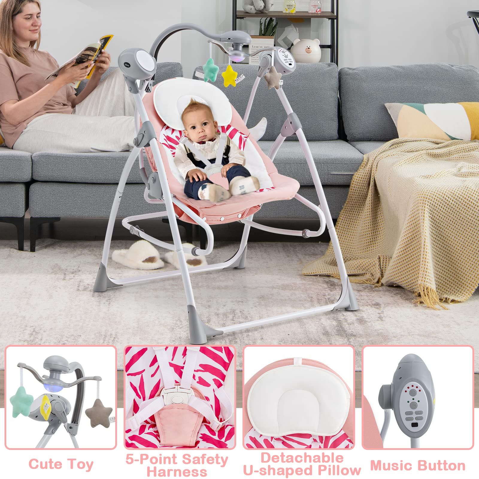 INFANS 2 in 1 Baby Swing and Bouncer for Infants, Portable Newborn Rocker with 5 Speed Sway Music Timing 2 Toys Remote Control, Easy Fold, Compact Electric Baby Swing for 0-6 Months Boy Girl INFANS