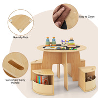 INFANS Toddler Table and Chair Set with 4 Storage Stools, Wooden Flower Shaped Nesting Table with Blackboard Drawers