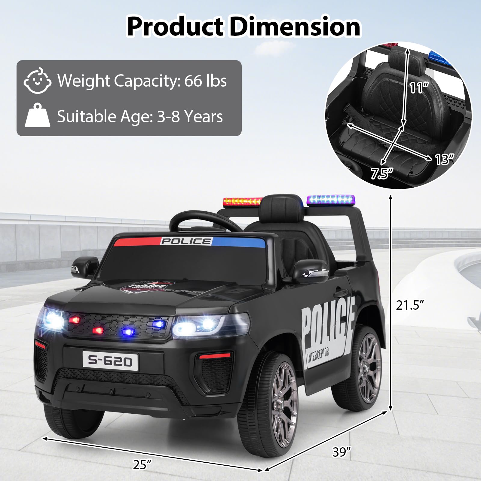 INFANS Ride on Police Car, 12V Kids Battery Powered Electric Vehicle with Siren, Flashing Lights, Bluetooth, Power Display