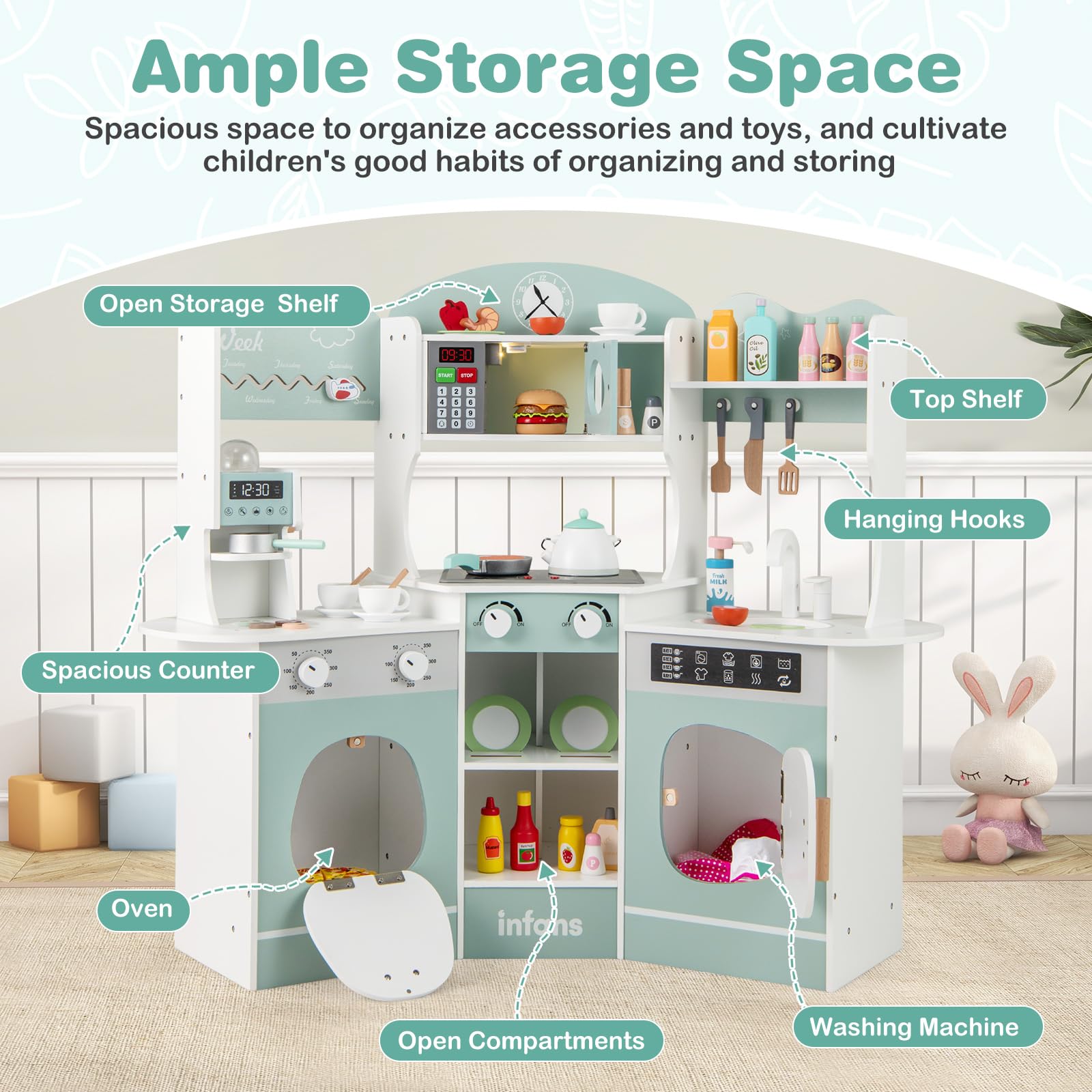 INFANS Corner Kids Kitchen Playset, Toddler Wooden Pretend Cooking Set with Lights Sounds Coffee Machine Washing Machine