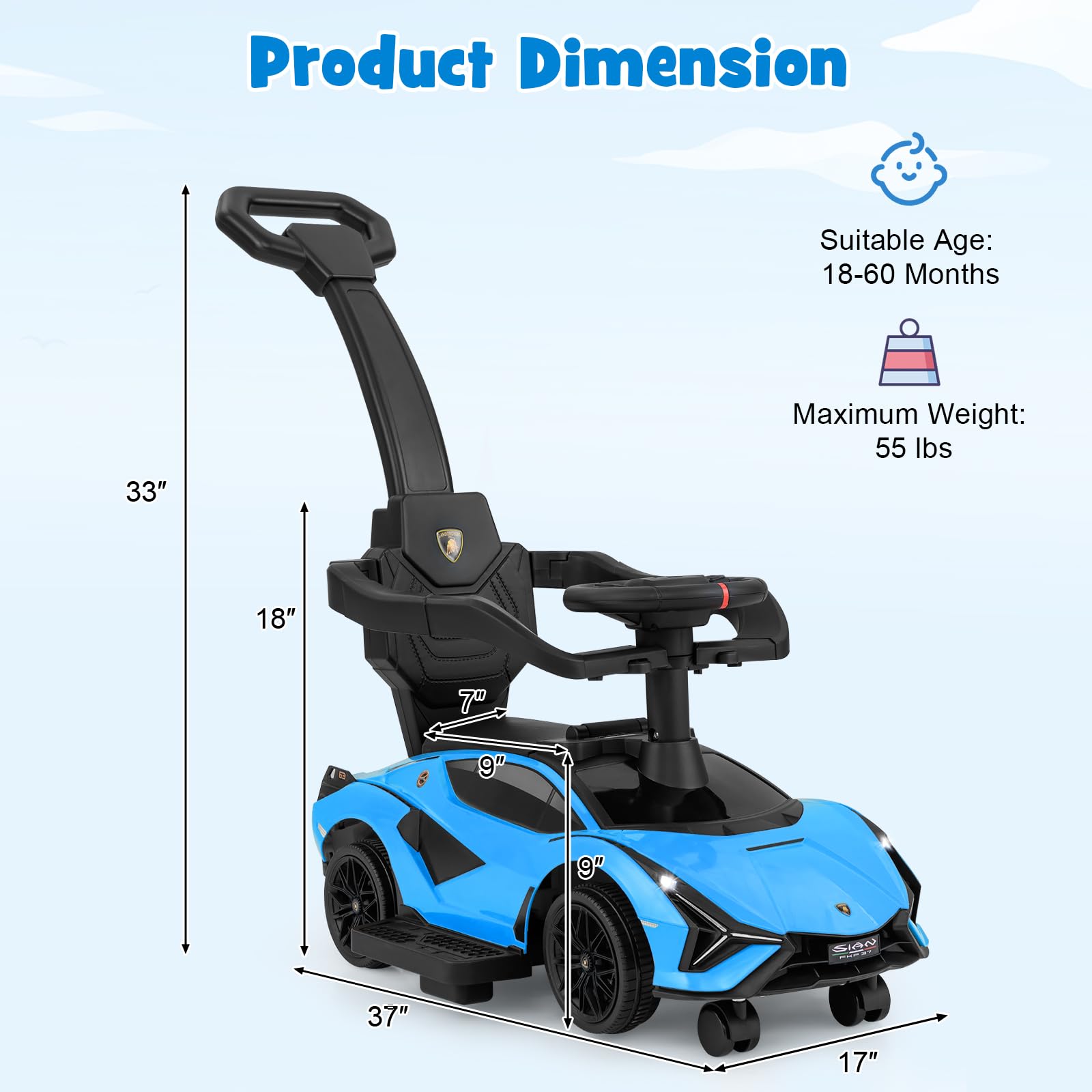 INFANS 3 in 1 Ride on Push Car, Licensed Lamborghini Baby Stroller Sliding Walking Car with Push Handle