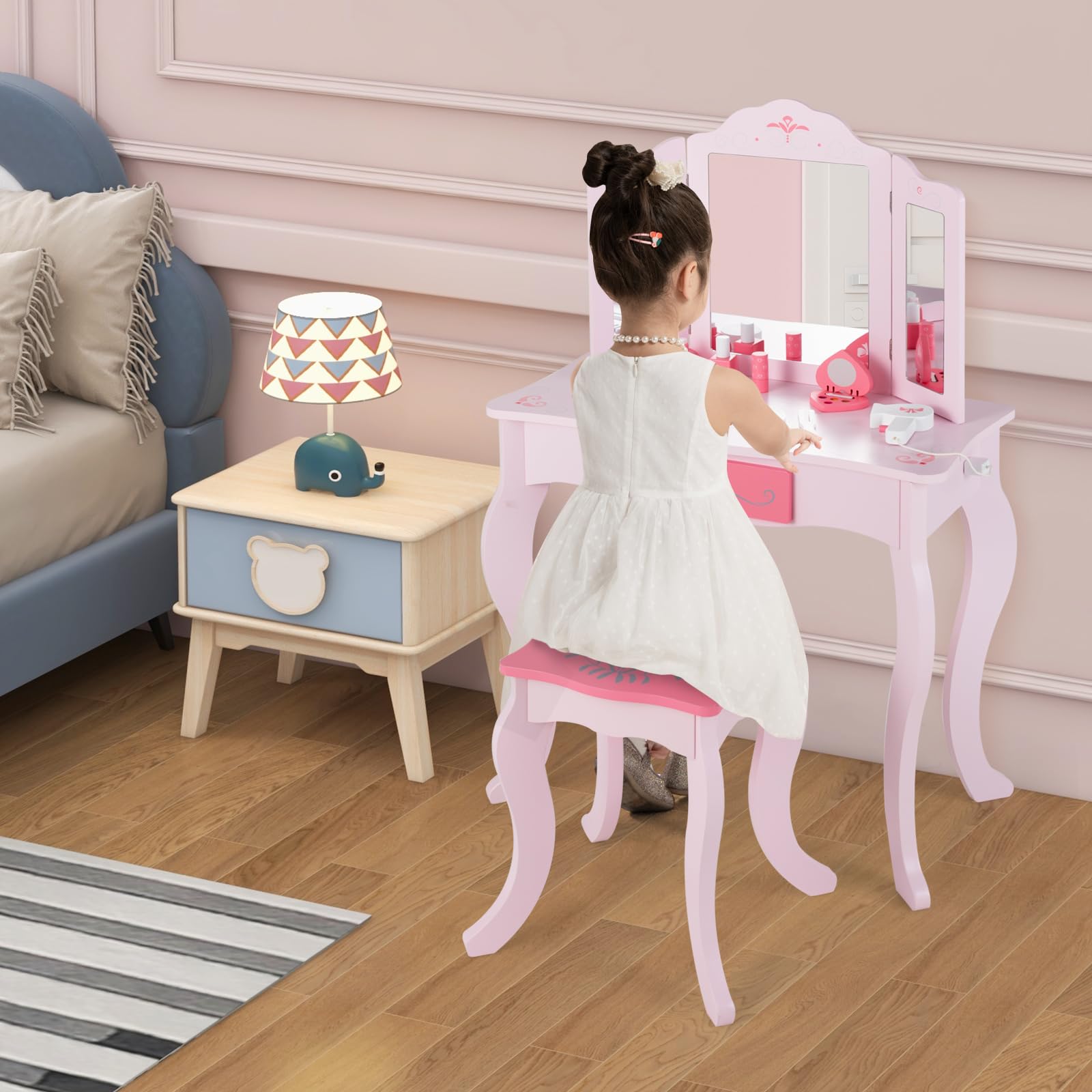 INFANS Kids Vanity, 2 in 1 Princess Makeup Desk Set, Wooden Dressing Table, Pretend Play Vanity Set