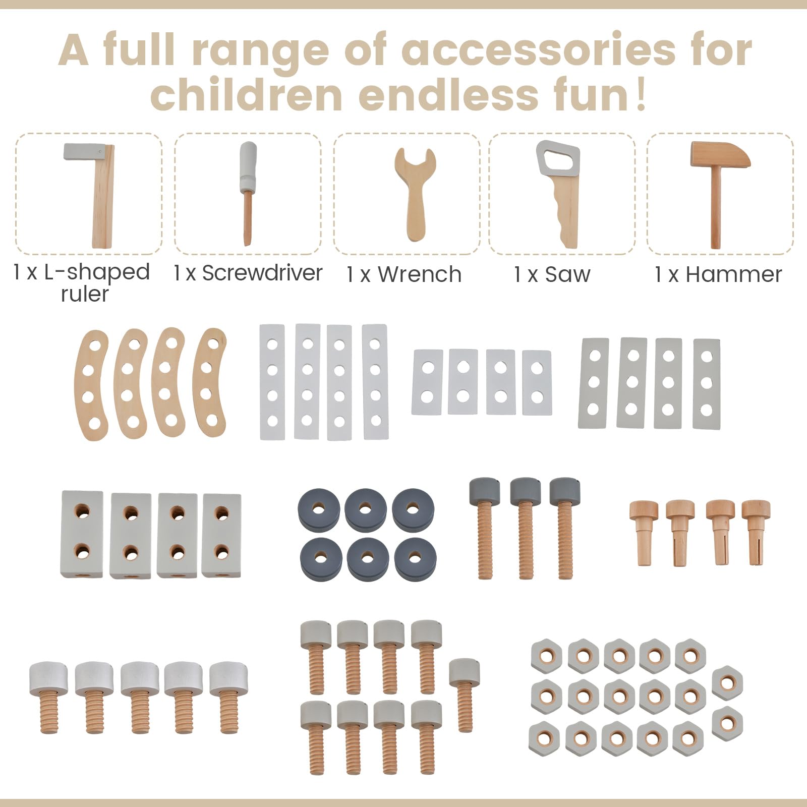 INFANS Tool Bench Set for Toddlers, Kids Wooden Workbench with Blackboard Construction Building Tools and 62 Accessories