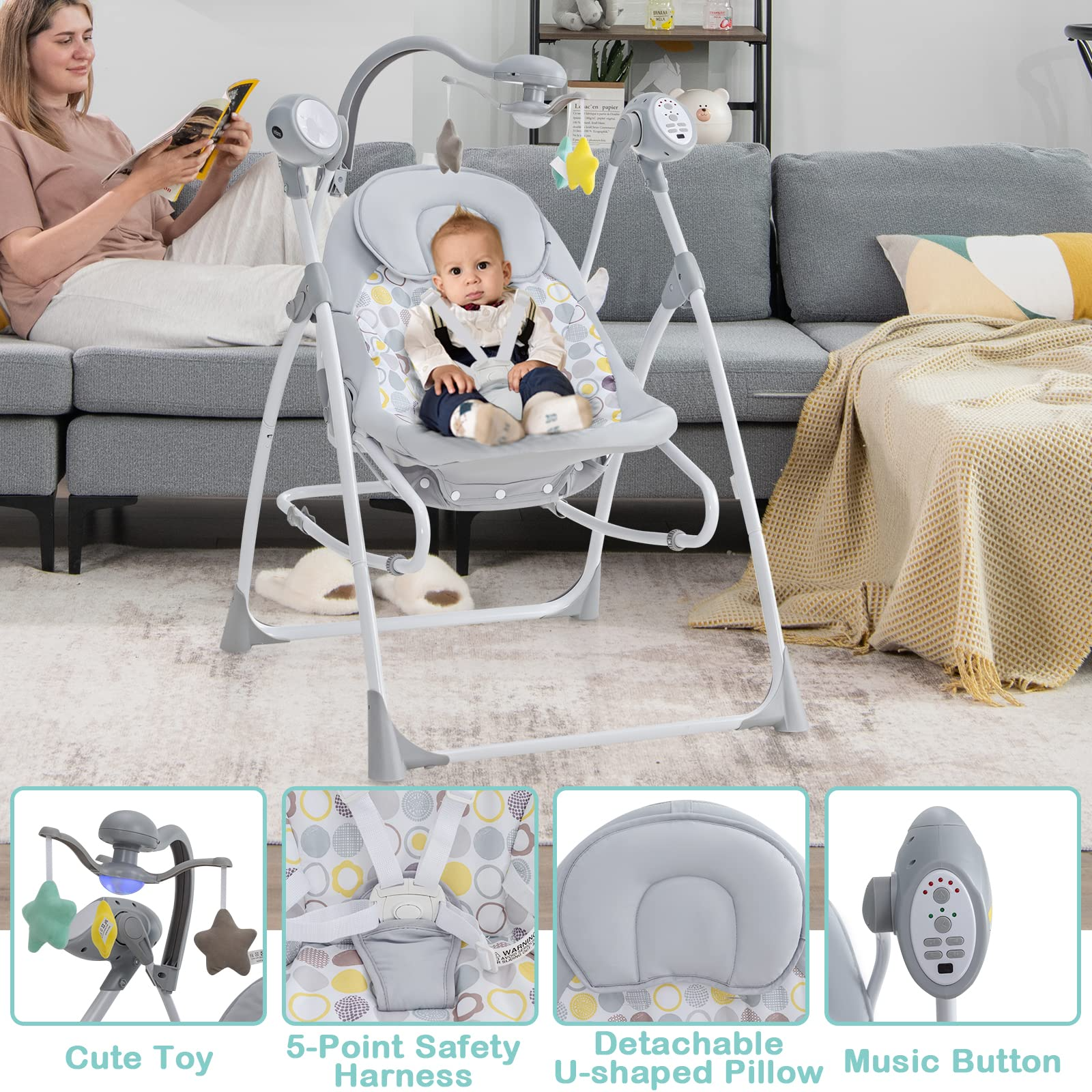 INFANS 2 in 1 Baby Swing and Bouncer for Infants, Portable Newborn Rocker with 5 Speed Sway Music Timing 2 Toys Remote Control, Easy Fold, Compact Electric Baby Swing for 0-6 Months Boy Girl INFANS