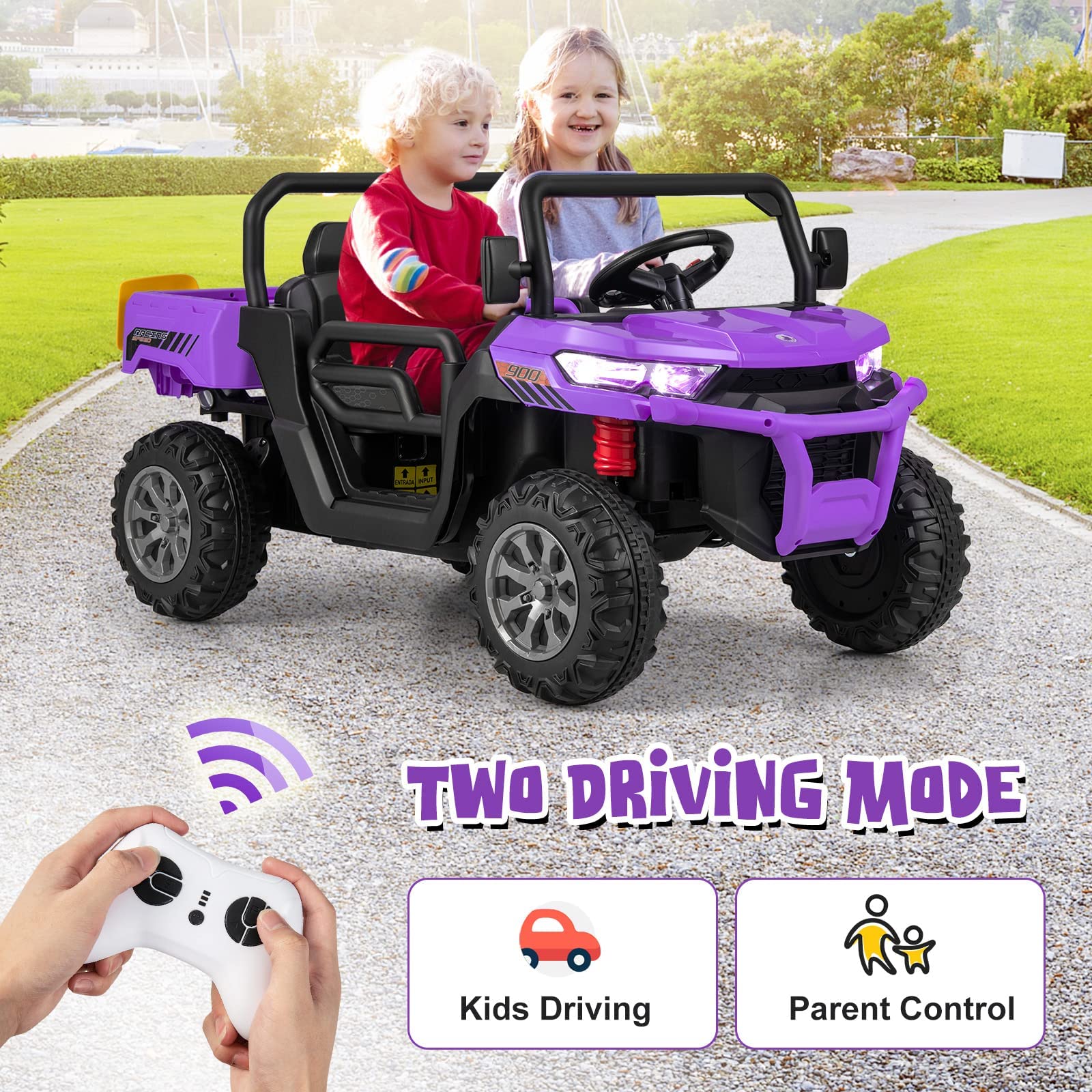 INFANS 2 Seater Ride on UTV, 12V Kids Electric Vehicle Dump Truck, Toddlers Battery Powered Car with Music
