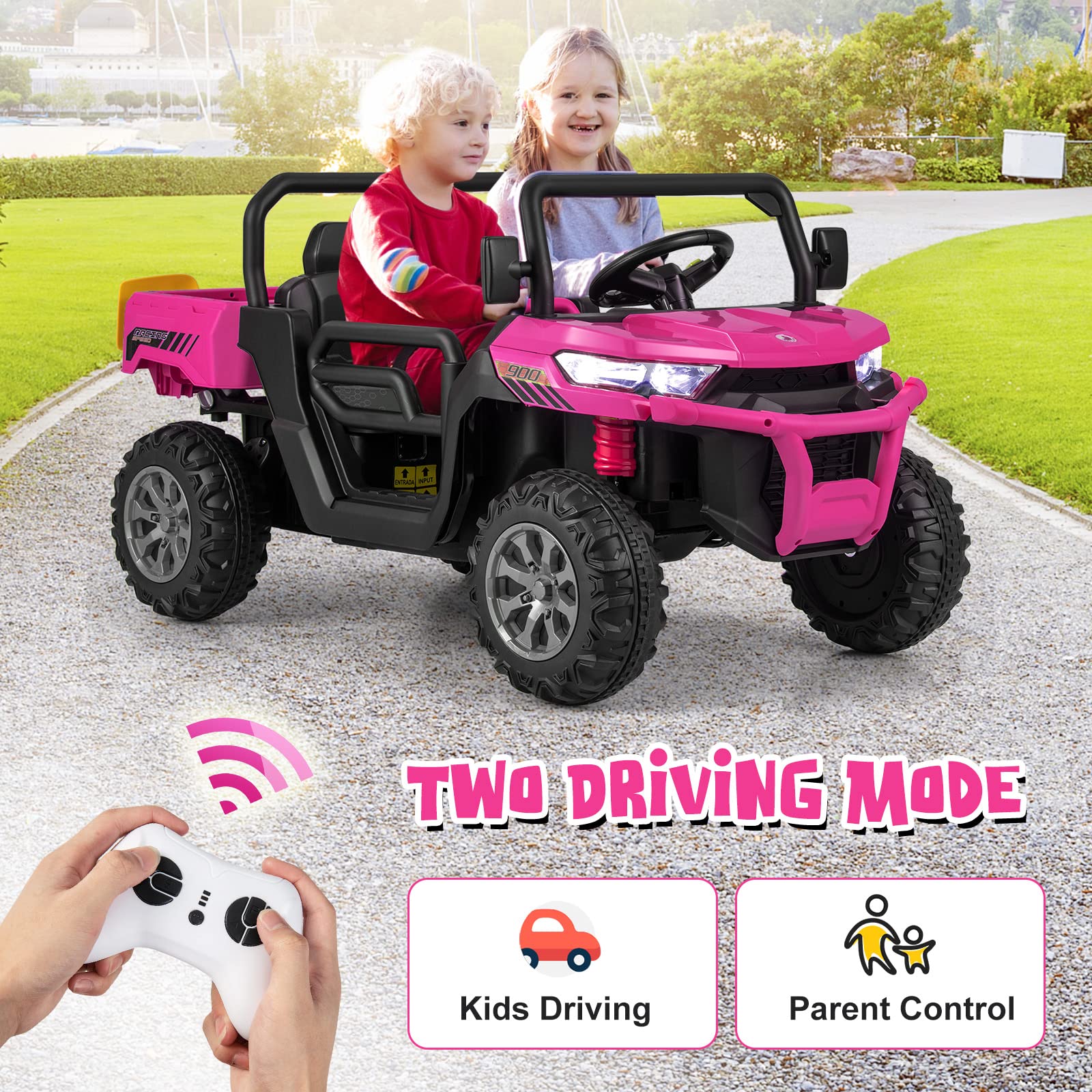 INFANS 2 Seater Ride on UTV, 12V Kids Electric Vehicle Dump Truck, Toddlers Battery Powered Car with Music