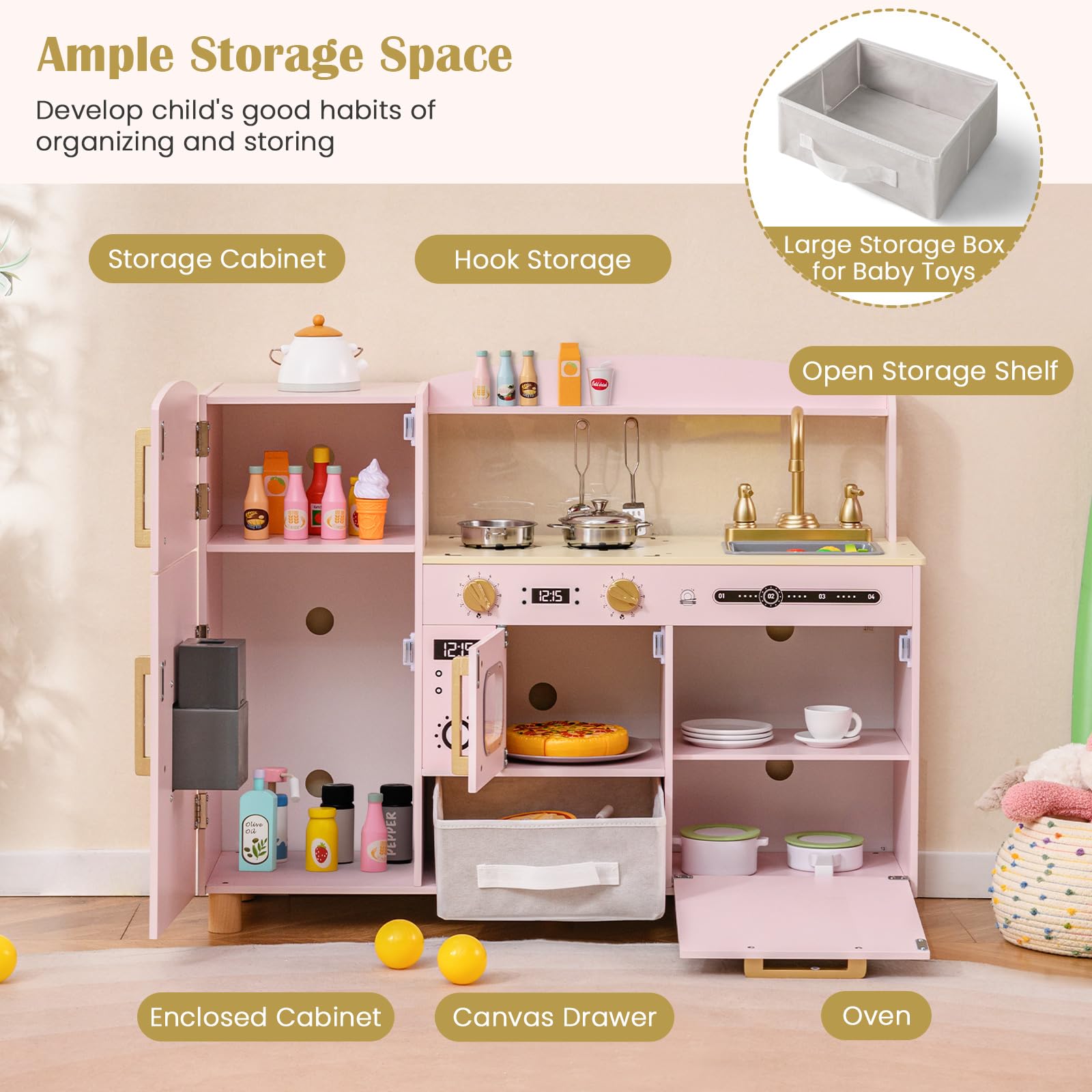 INFANS Kids Kitchen Playset, Toddler Wooden Pretend Cooking Toy Set with Acrylic Drawing Board Ice Machine Dishwasher