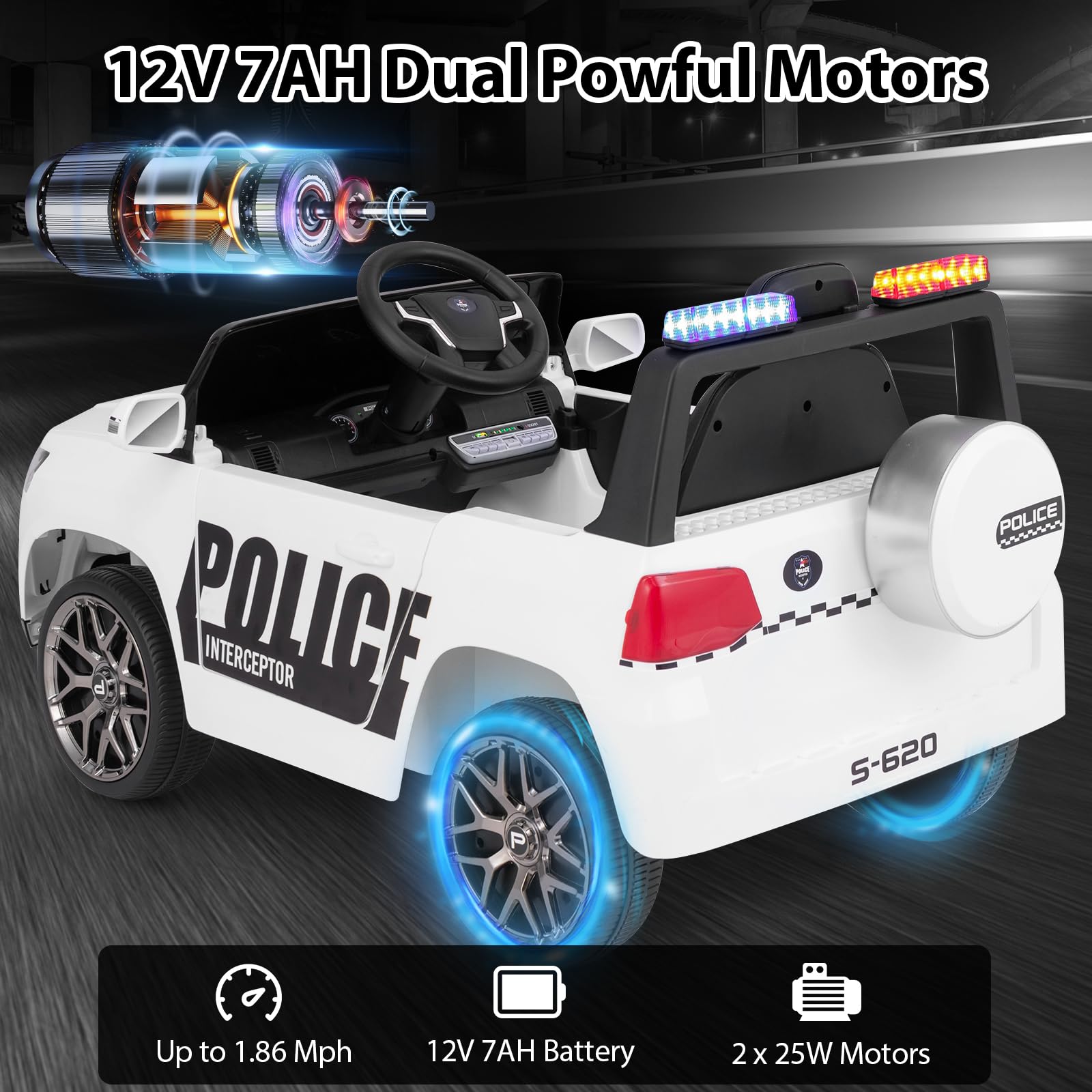 INFANS Ride on Police Car, 12V Kids Battery Powered Electric Vehicle with Siren, Flashing Lights, Bluetooth, Power Display