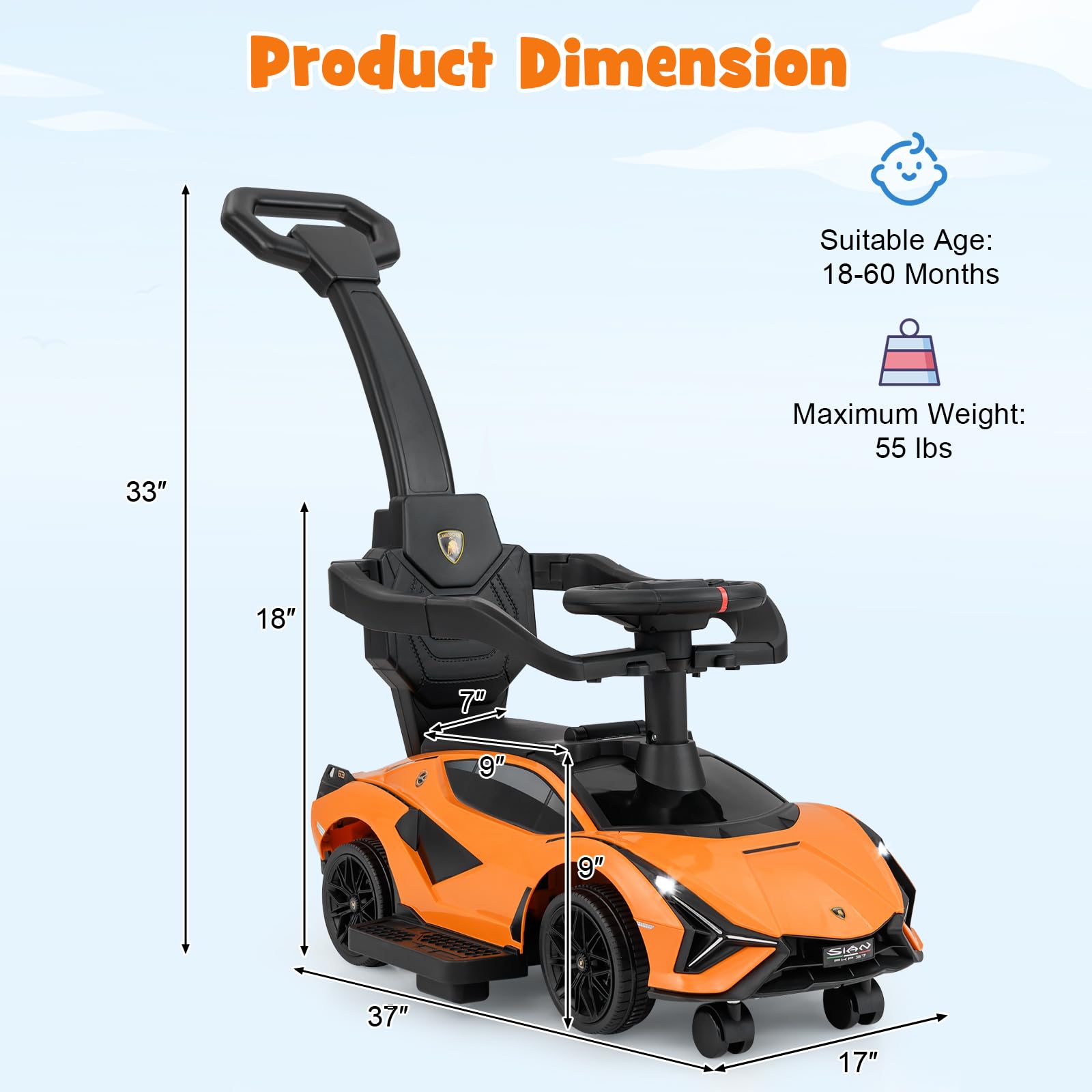 INFANS 3 in 1 Ride on Push Car, Licensed Lamborghini Baby Stroller Sliding Walking Car with Push Handle