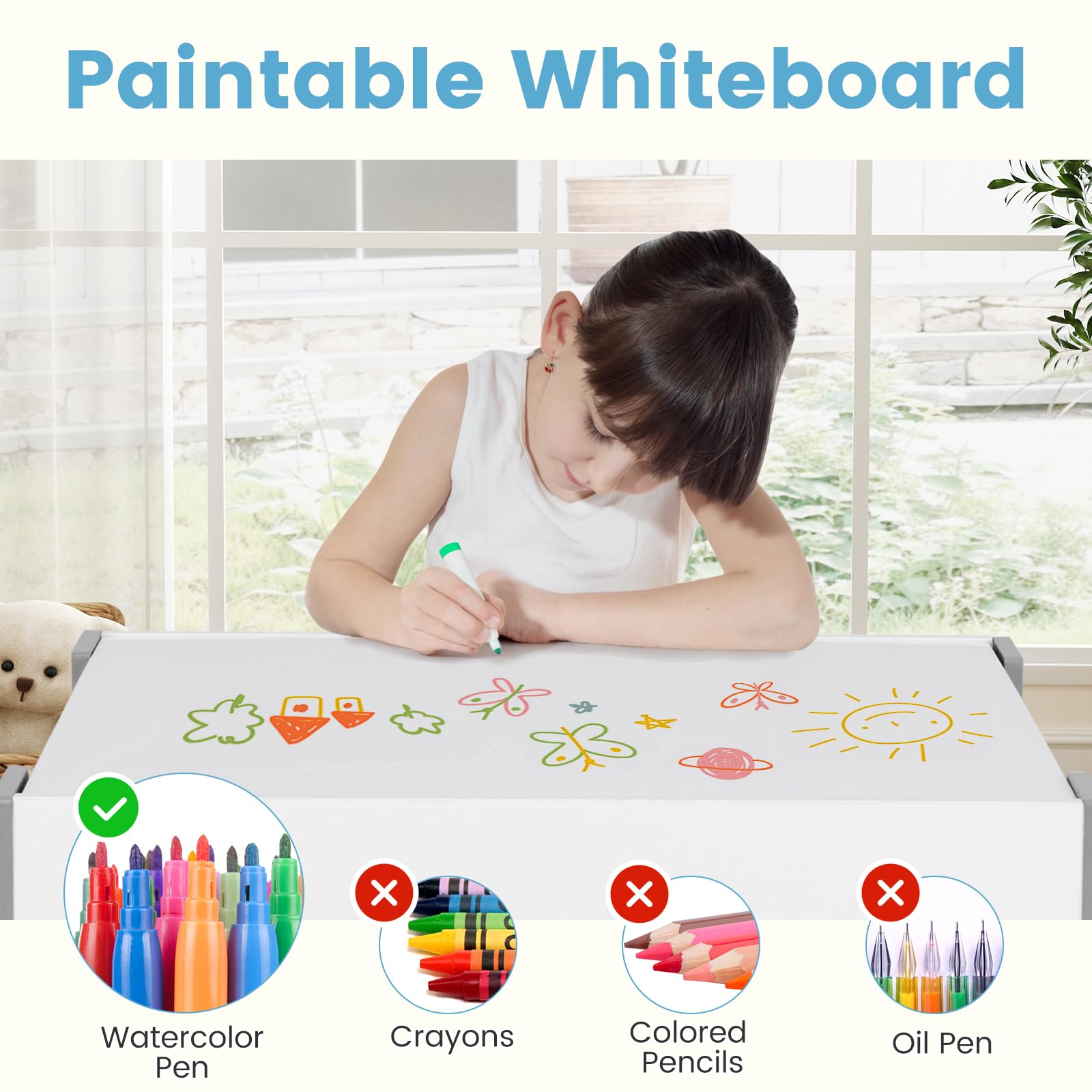 INFANS Kids Table and Chair Set, 4 in 1 Building Block Wooden Activity Desk with Reversible Tabletop for Toddlers