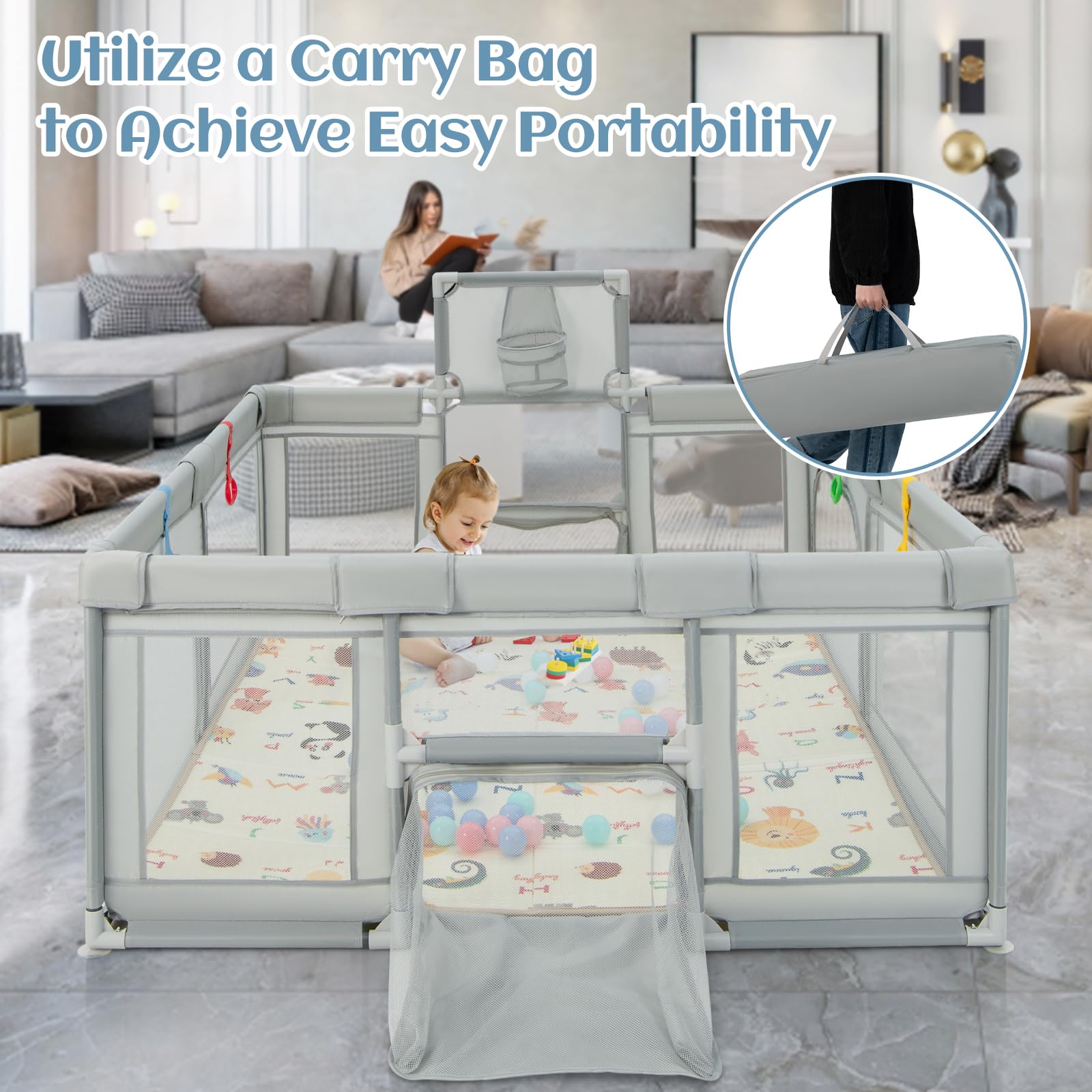 INFANS Baby Playpen, 74” x 62” Extra Large Baby Play Yard with Crawling Mat, Indoor Activity Center