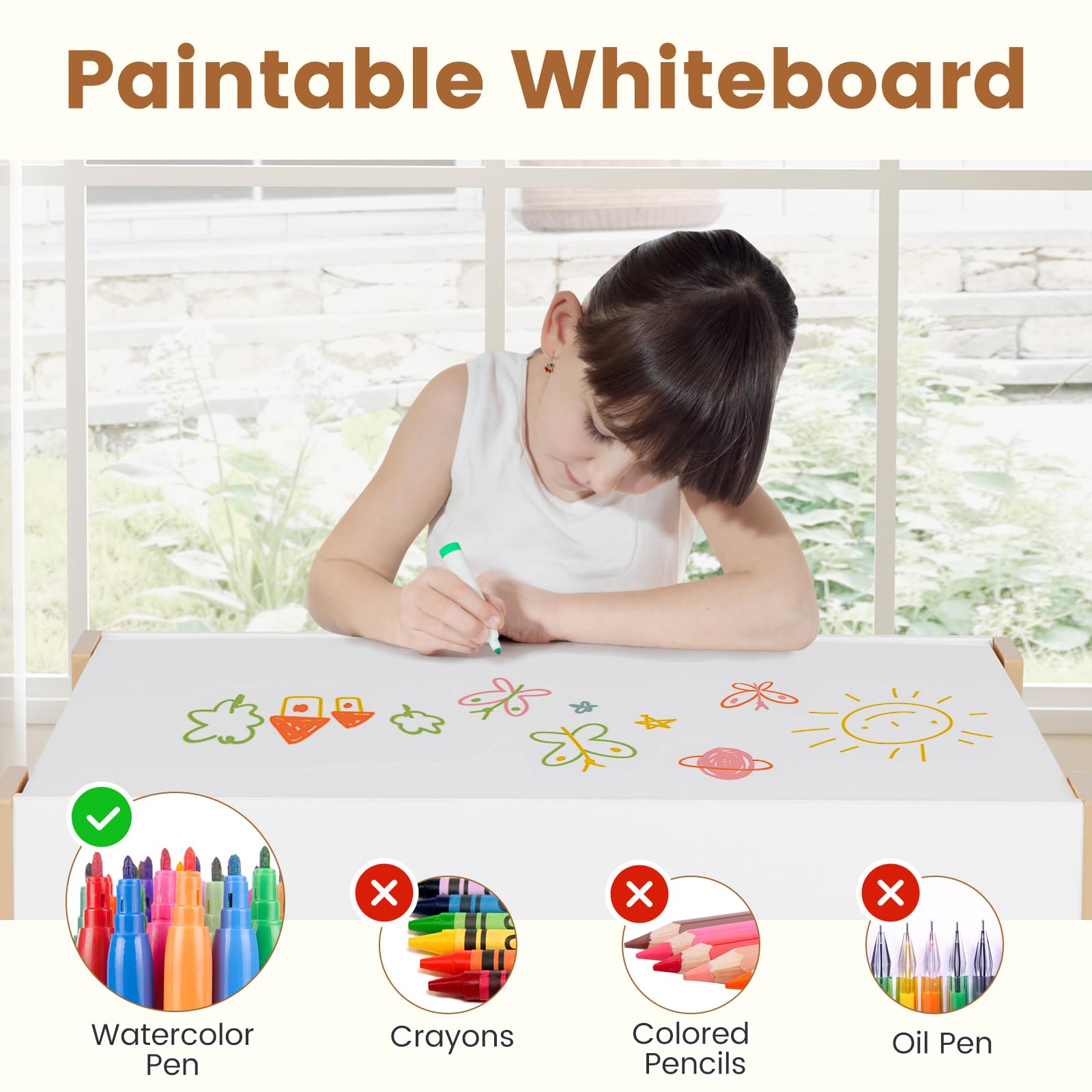 INFANS Kids Table and Chair Set, 4 in 1 Building Block Wooden Activity Desk with Reversible Tabletop for Toddlers