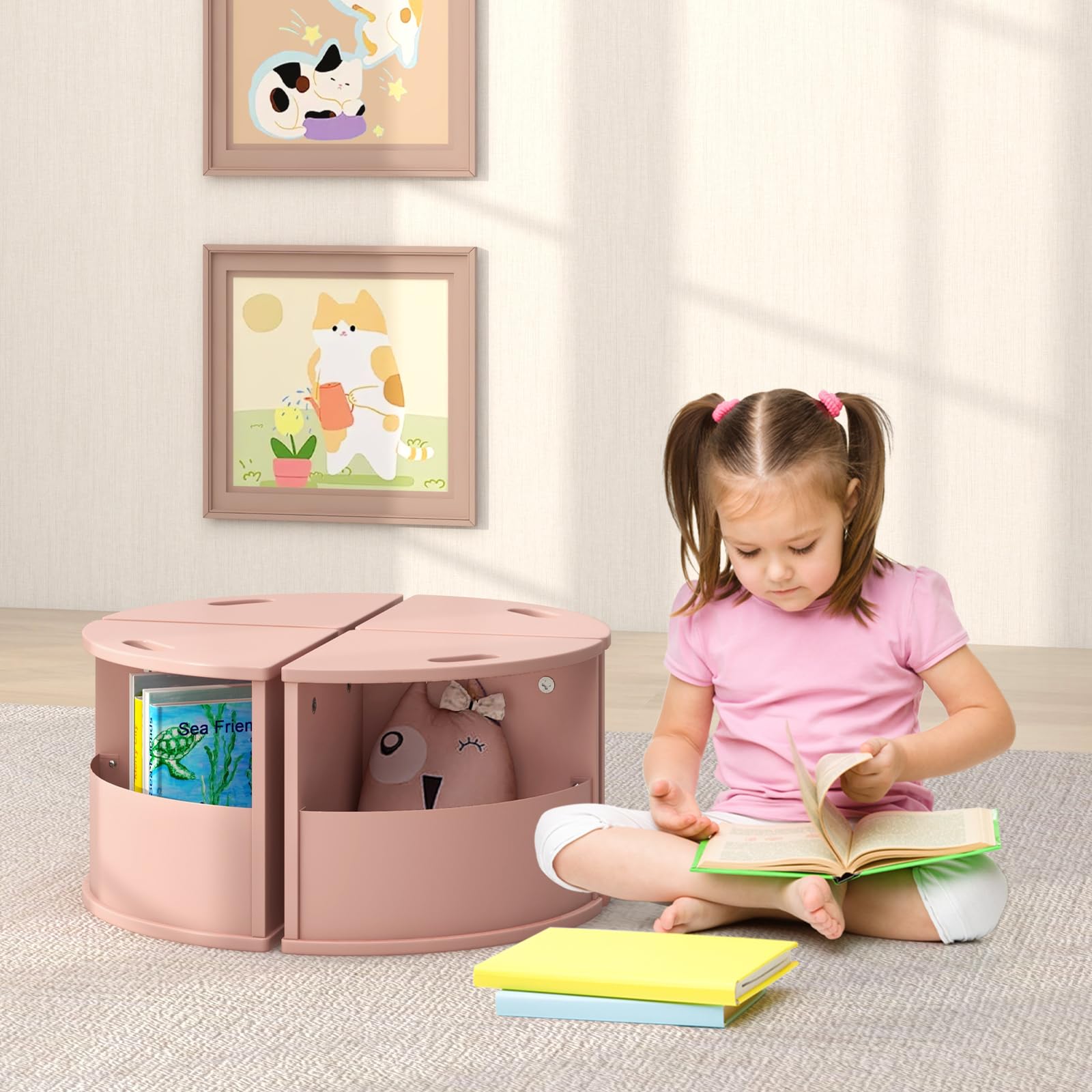 INFANS Toddler Table and Chair Set with 4 Storage Stools, Wooden Flower Shaped Nesting Table with Blackboard Drawers