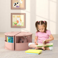 INFANS Toddler Table and Chair Set with 4 Storage Stools, Wooden Flower Shaped Nesting Table with Blackboard Drawers