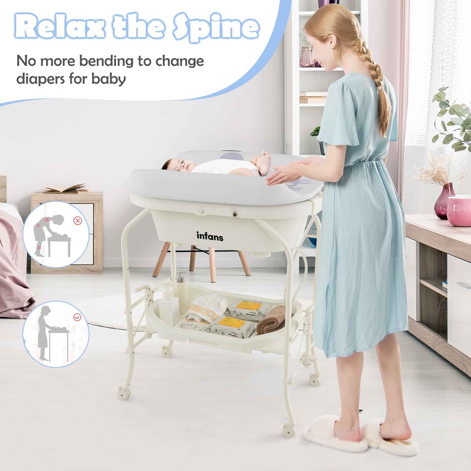 INFANS 2 in 1 Baby Changing Table with Bath Tub Unit, Folding Diaper Dresser Station with Wheels Waterproof Pad