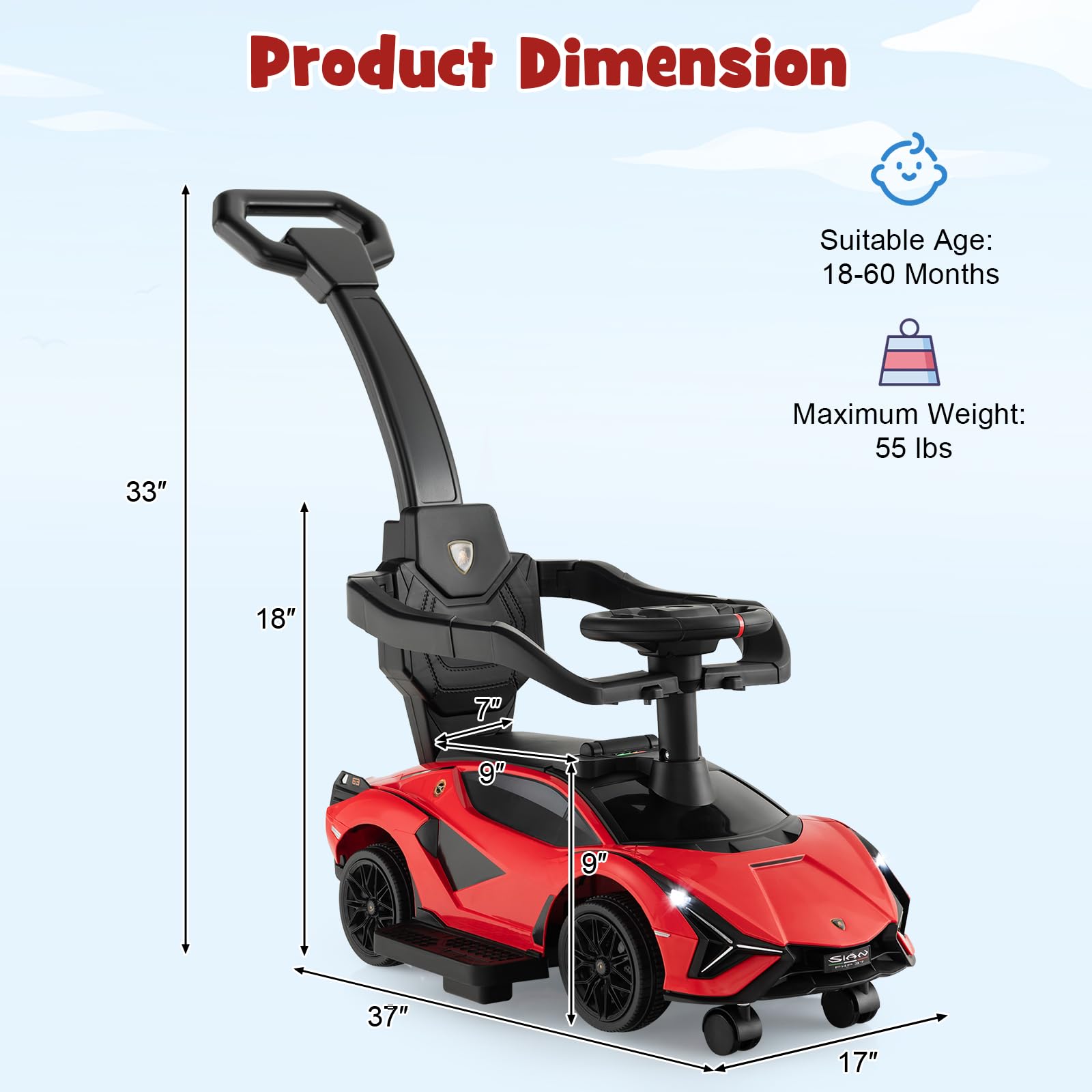 INFANS 3 in 1 Ride on Push Car, Licensed Lamborghini Baby Stroller Sliding Walking Car with Push Handle