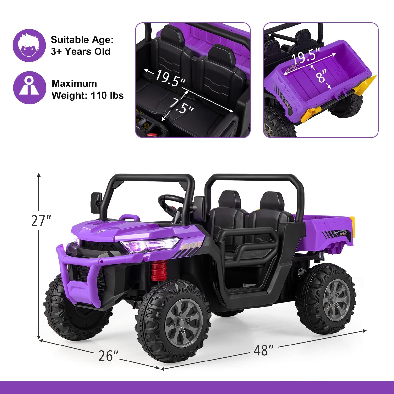 INFANS 2 Seater Ride on UTV, 12V Kids Electric Vehicle Dump Truck, Toddlers Battery Powered Car with Music