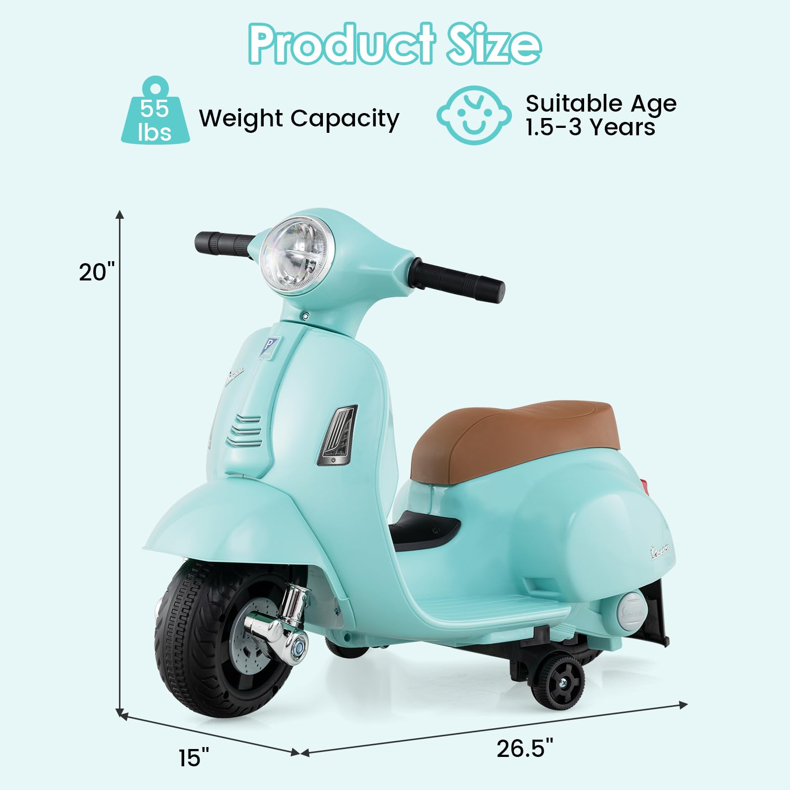 INFANS Licensed Vespa Kids Motorcycle, 6V Battery Powered Motorbike for Toddlers with Training Wheels, Horn, LED Lights