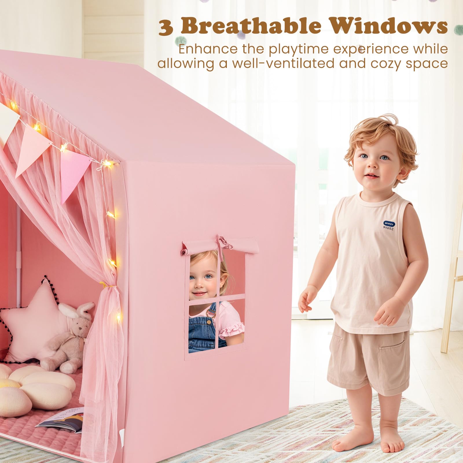 INFANS Kids Play Tent, Large Size Playhouse with Star Light Windows, Indoor Outdoor Princess Tents Castle for Toddlers