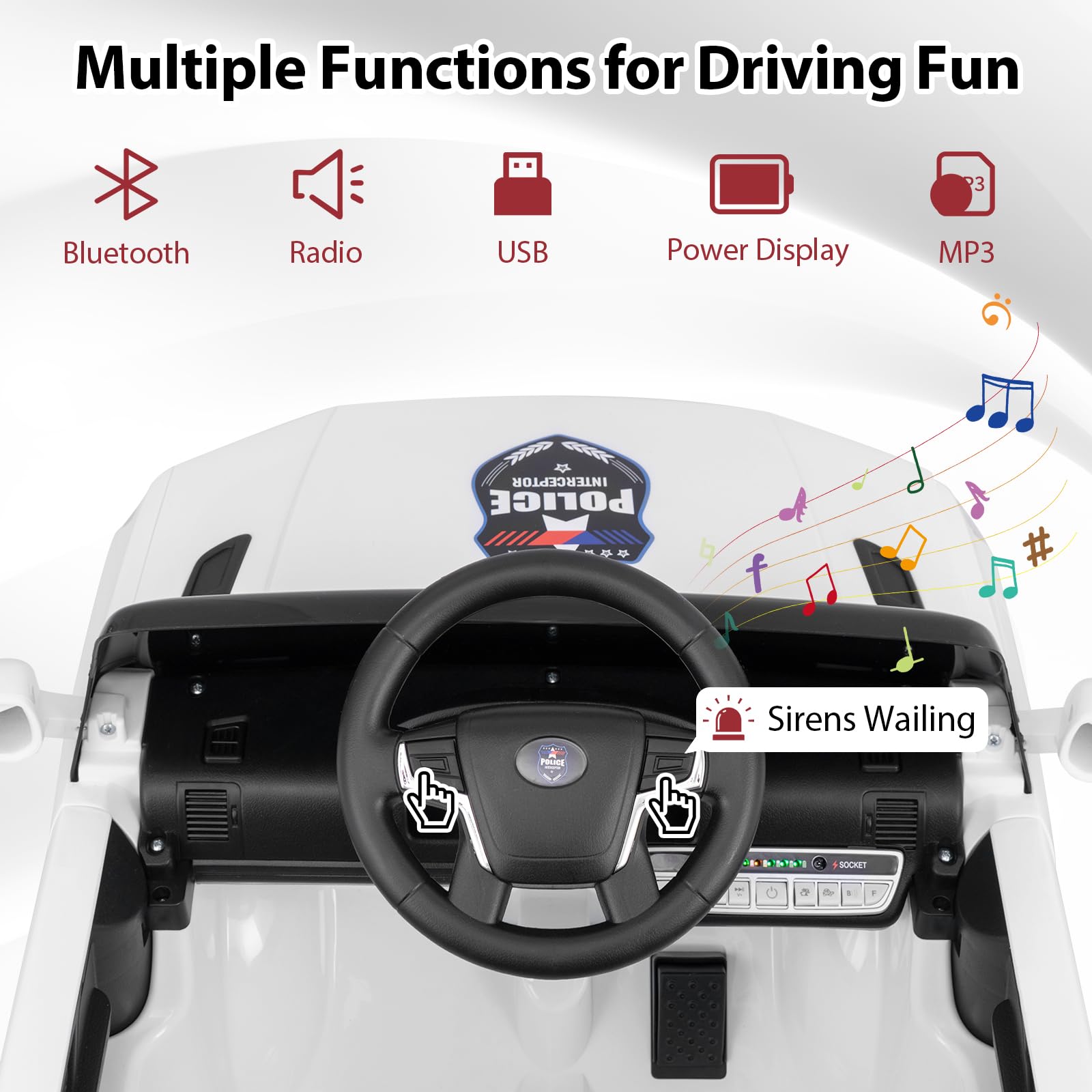 INFANS Ride on Police Car, 12V Kids Battery Powered Electric Vehicle with Siren, Flashing Lights, Bluetooth, Power Display