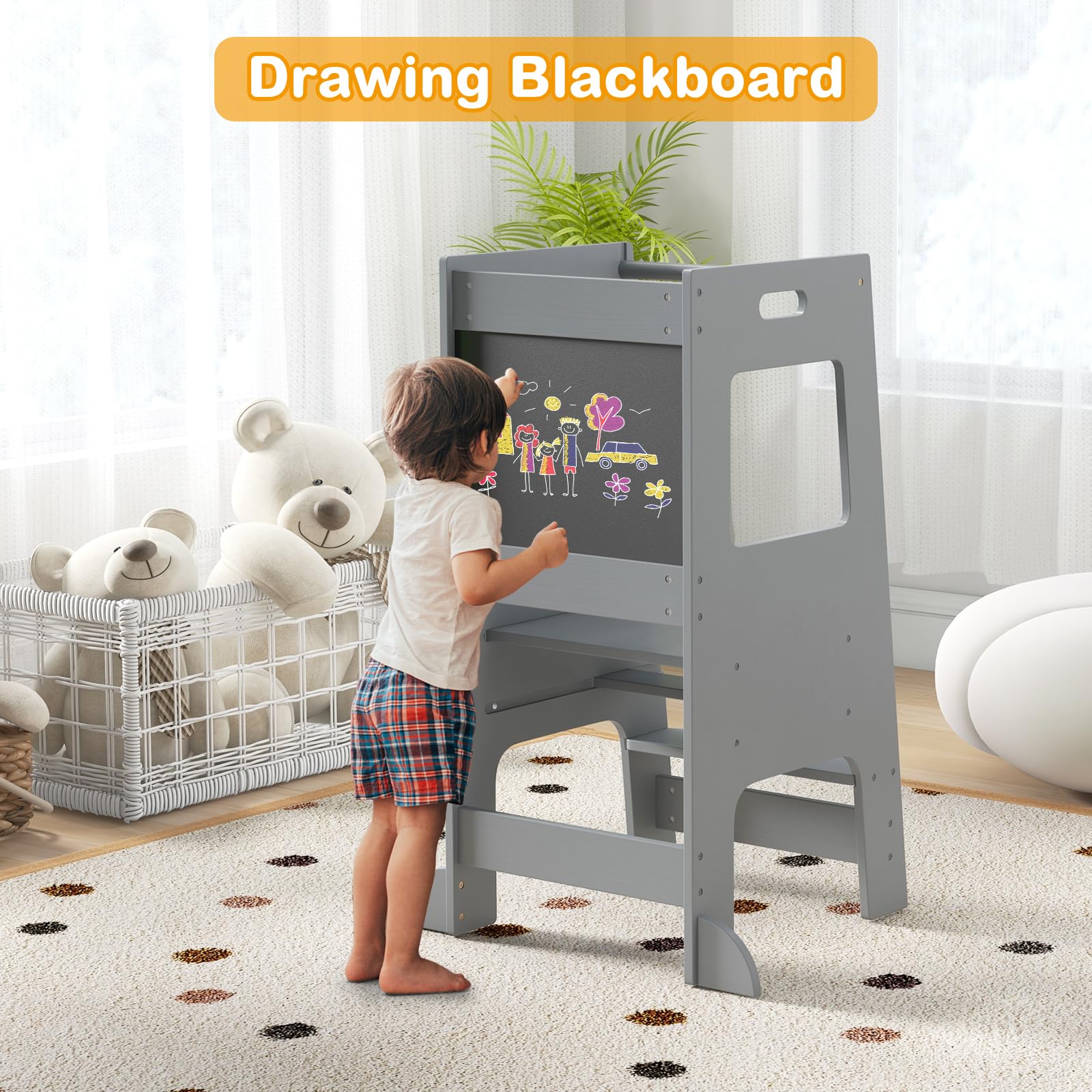 INFANS Toddler Standing Tower, Kids Montessori Kitchen Step Stool Helper with 2 Adjustable Height Learning Blackboard Safety Rail
